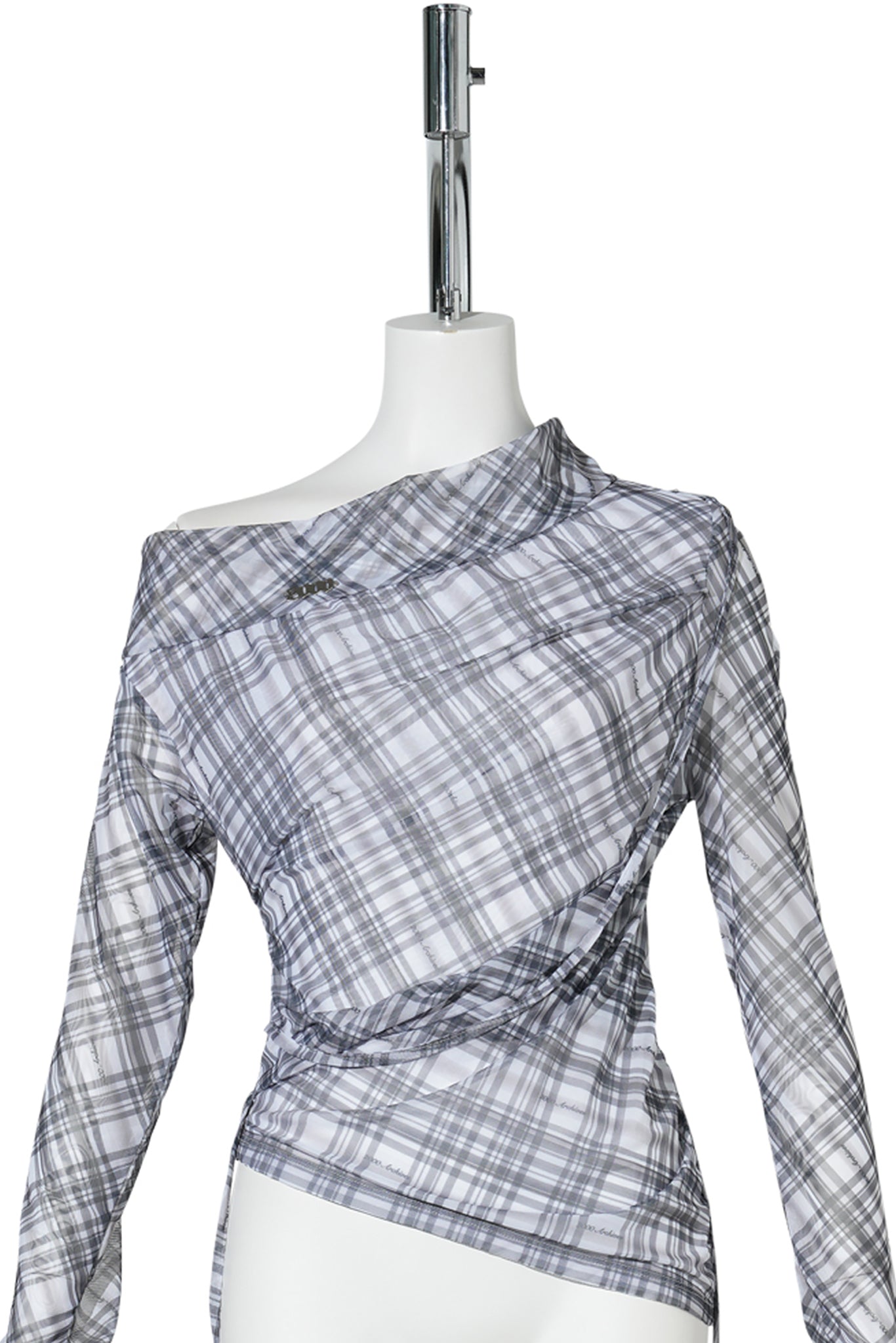 VIKA PLAID MESH OFF SHOULDER TOP / GREY