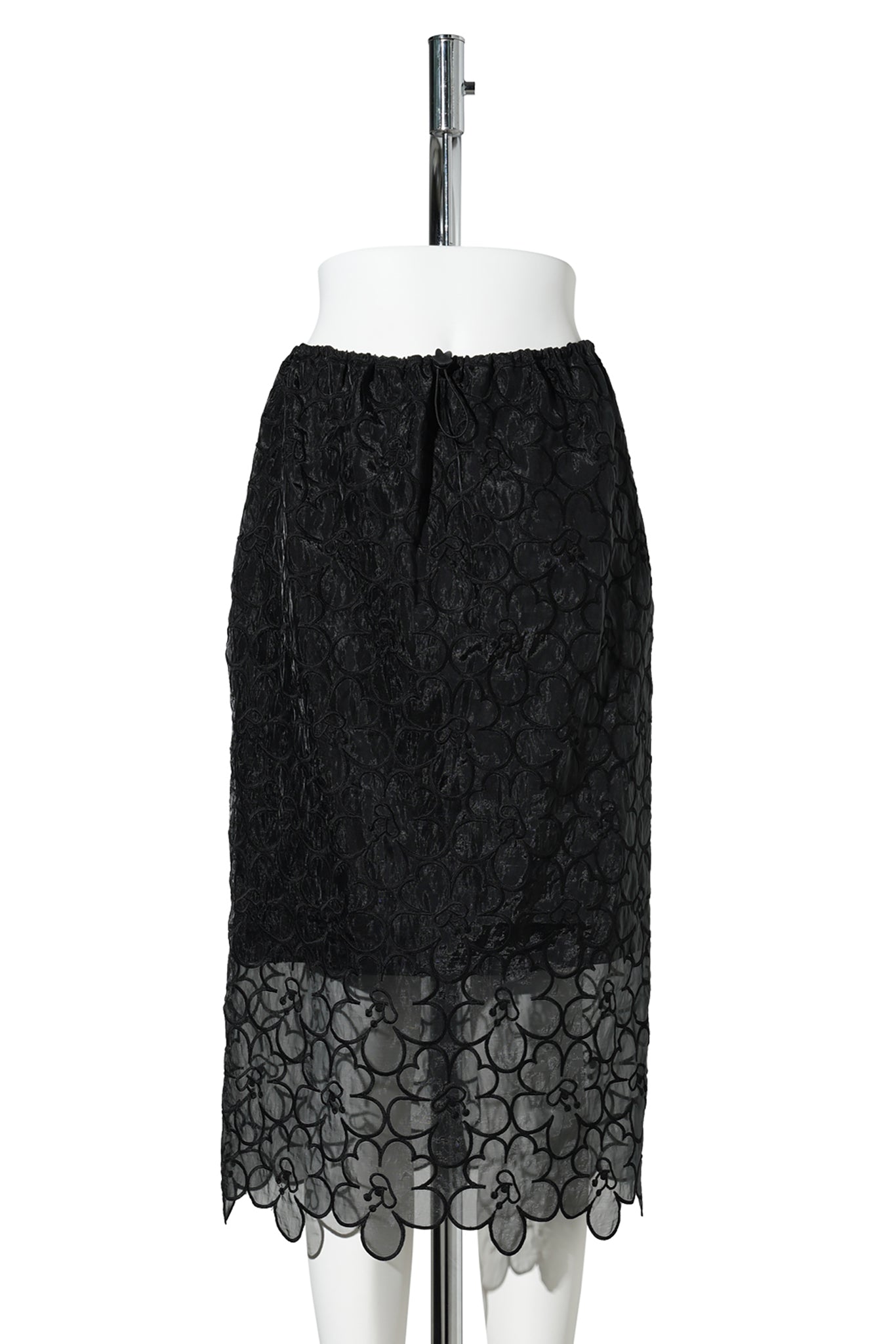 MIDI SKIRT WITH WAIST DRAWSTRING AND SCALLOP HEM / BLACK