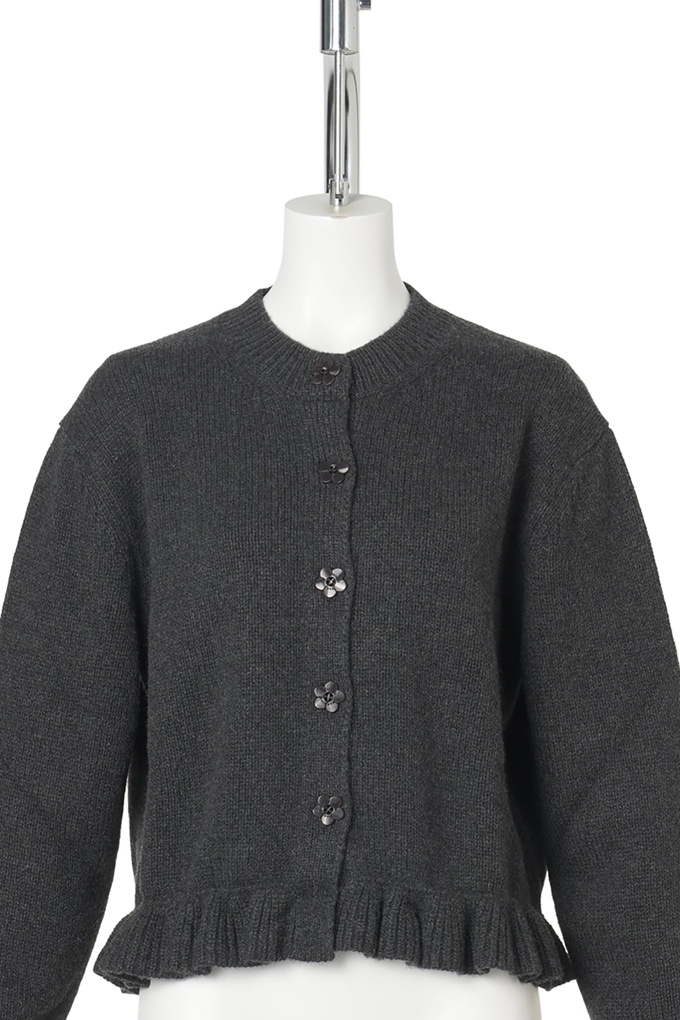 LOOSE FIT CARDIGAN WITH FRILL AND BUTTON CLOSURE / CHARCOAL GREY