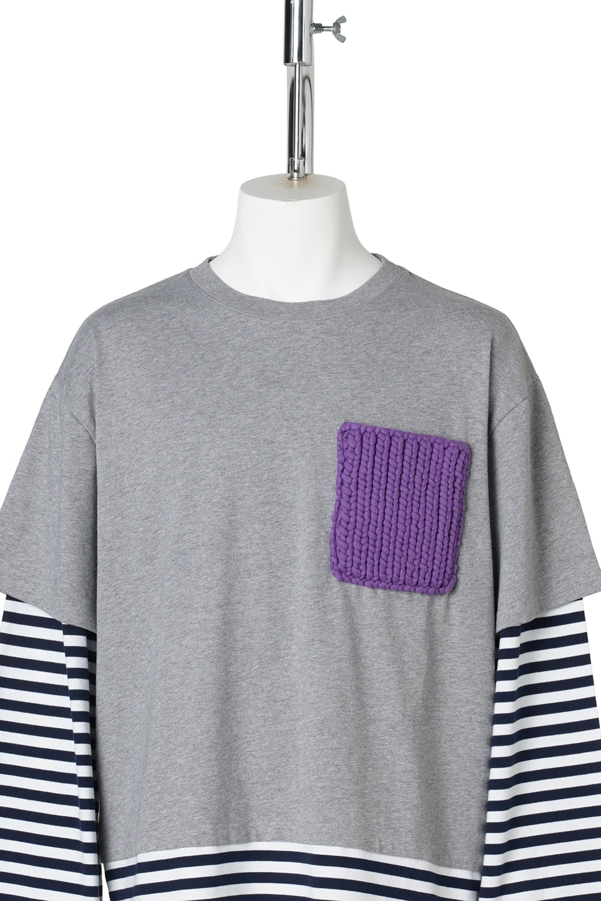 LONG SLEEVE 2-IN-1 TEE WITH KNIT PATCH / KNITTED GREY MARL/NAVY STRIPE