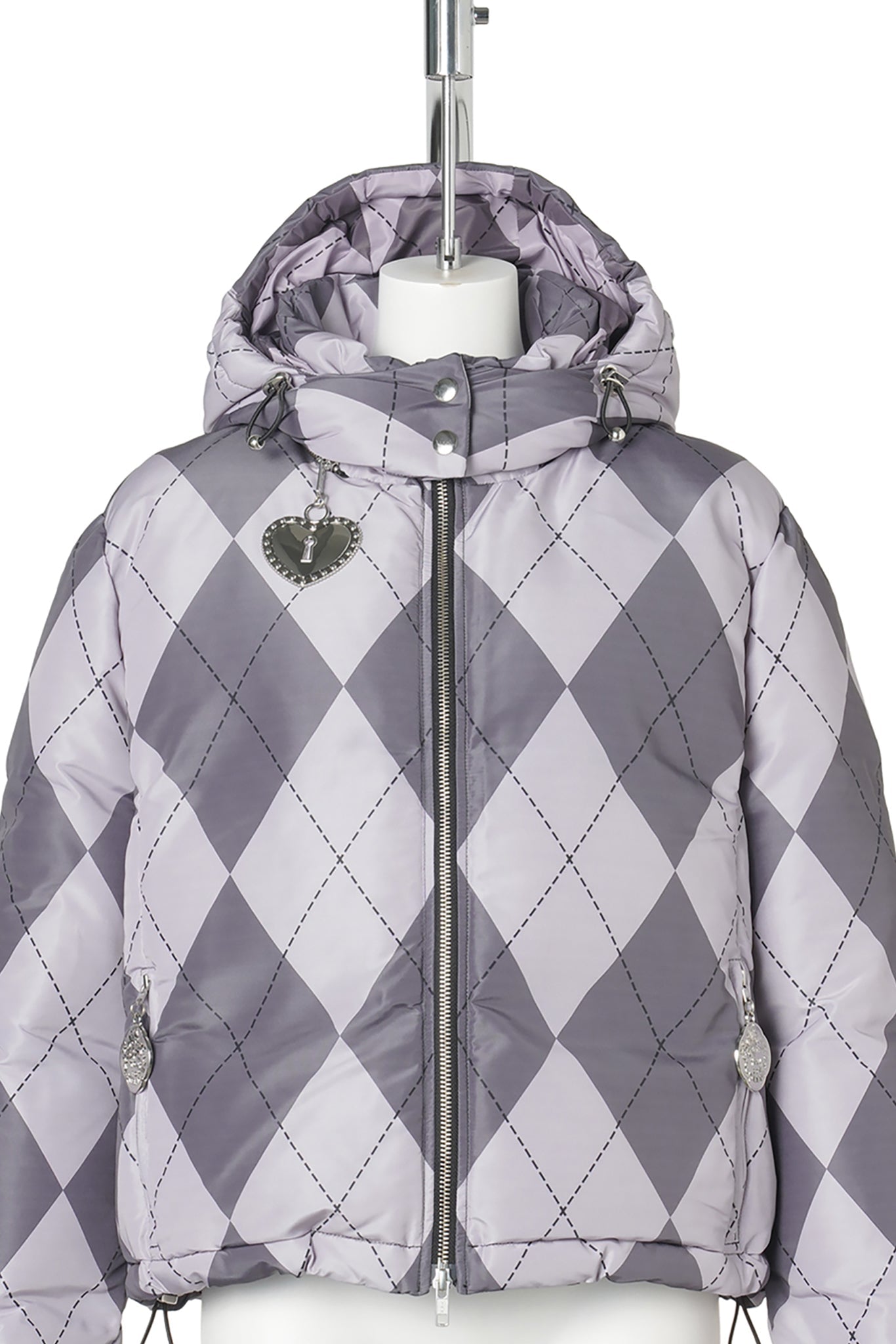 PURPLE ARGYLE PUFFER JACKET / PURPLE AND BLACK
