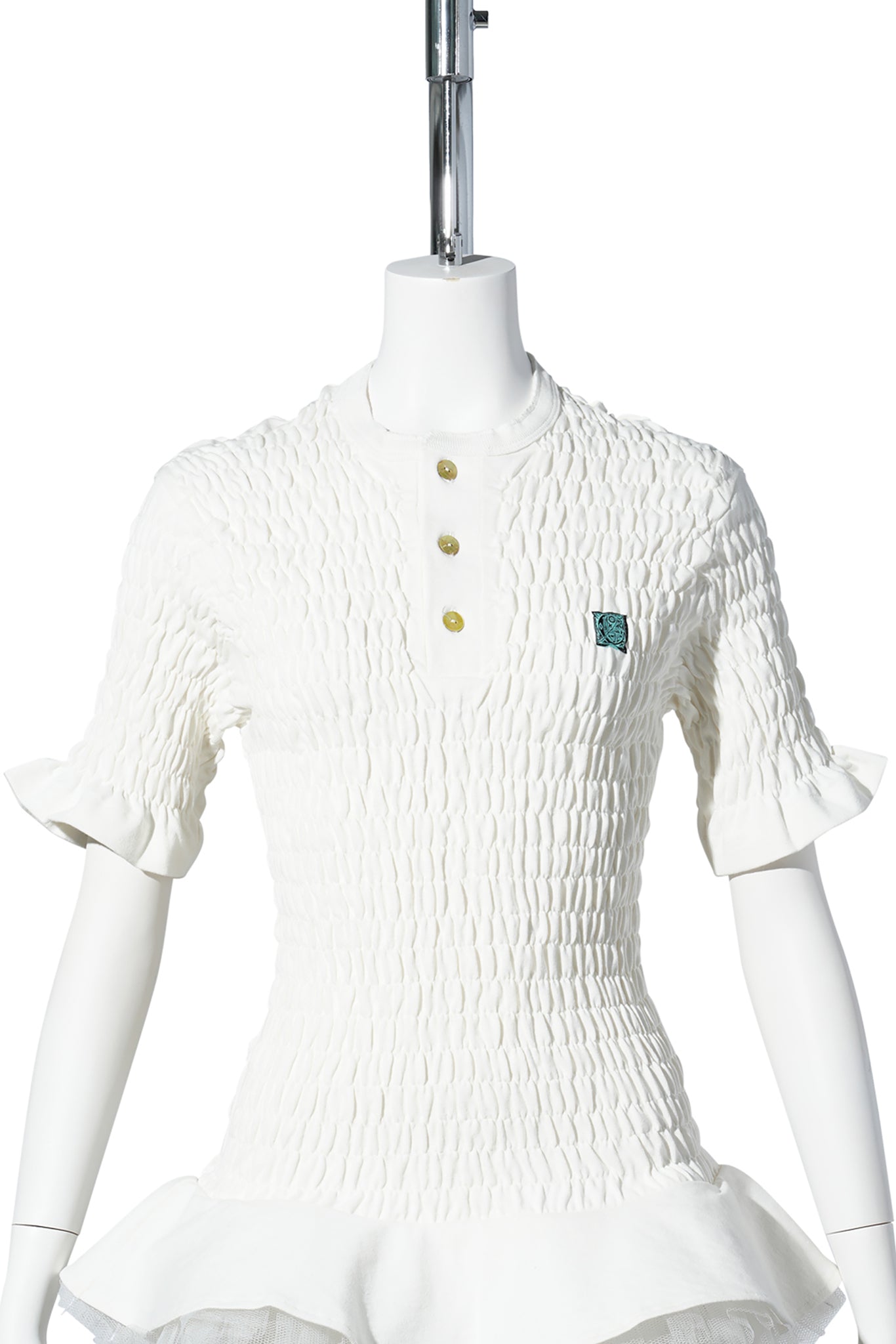 SHIRRED HENLEY TOP WITH TULLE / WHITE