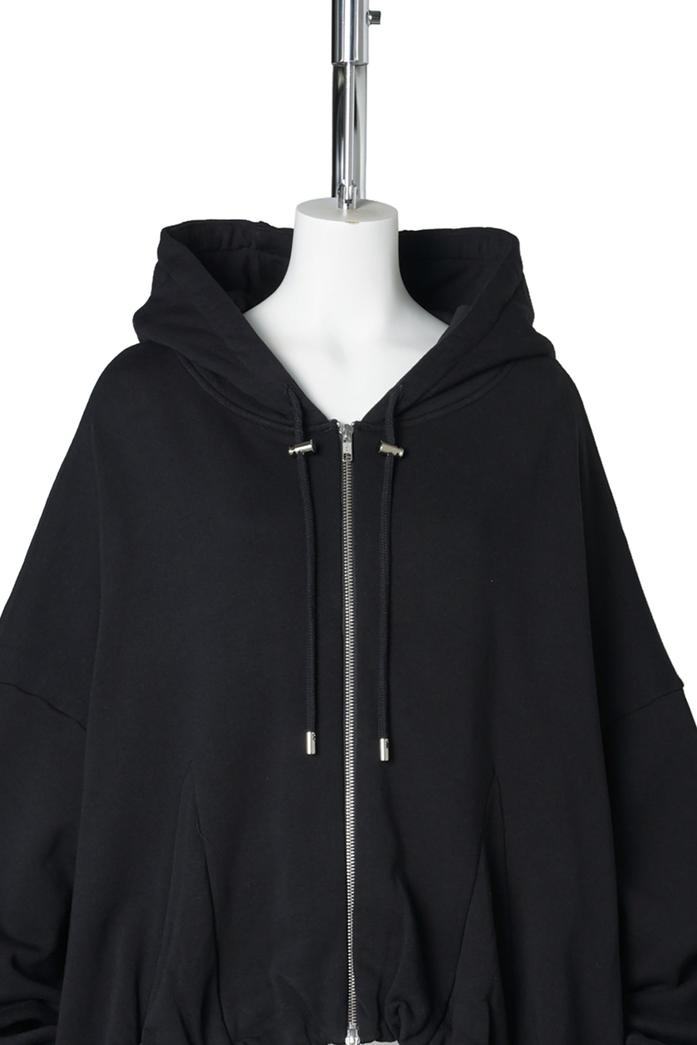 RHINESTONE GATHERED ZIP UP HOODIE / BLACK