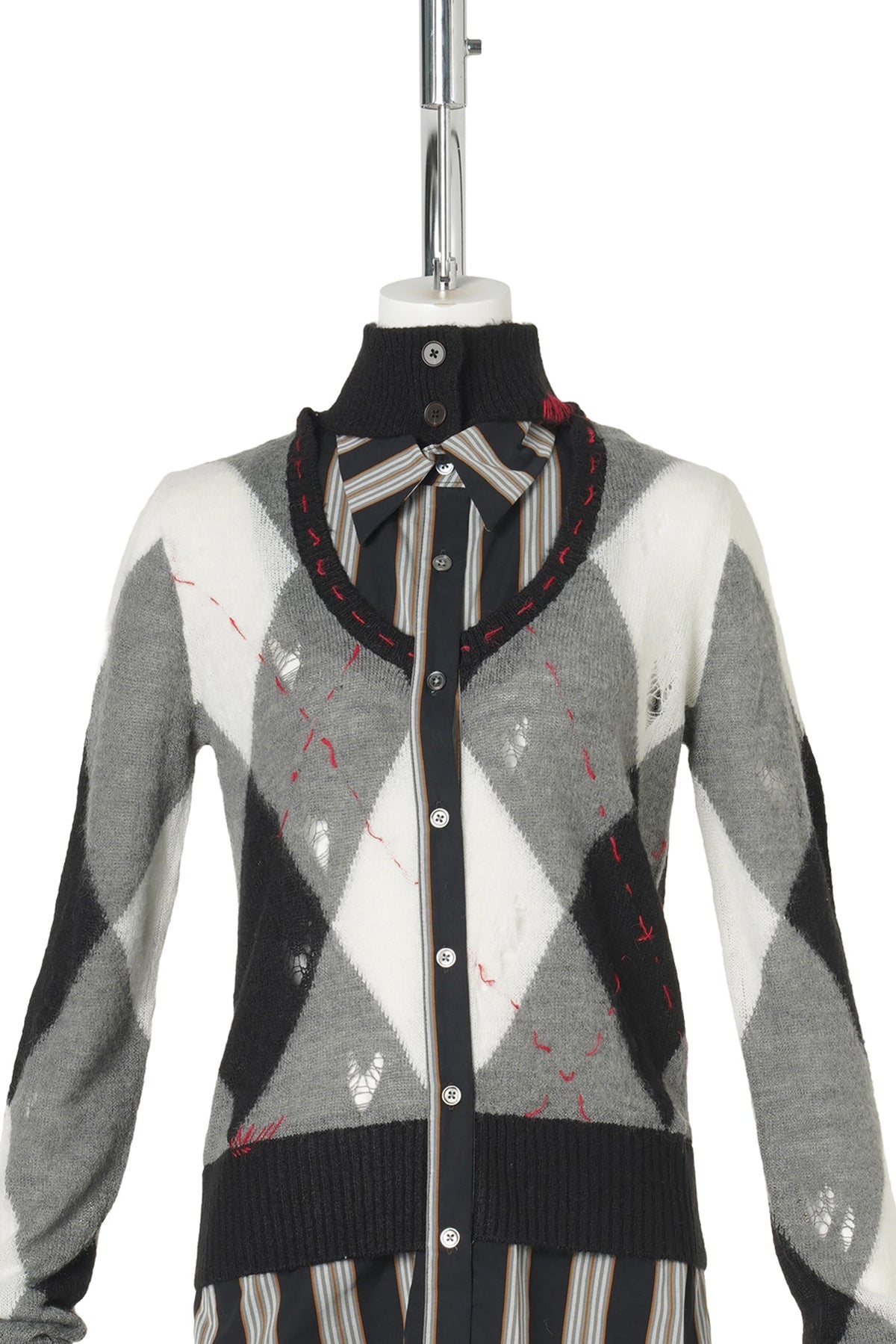 TRI-COLOR KNIT LAYERED-SHIRT TOP / BLACK/WHITE/GREY