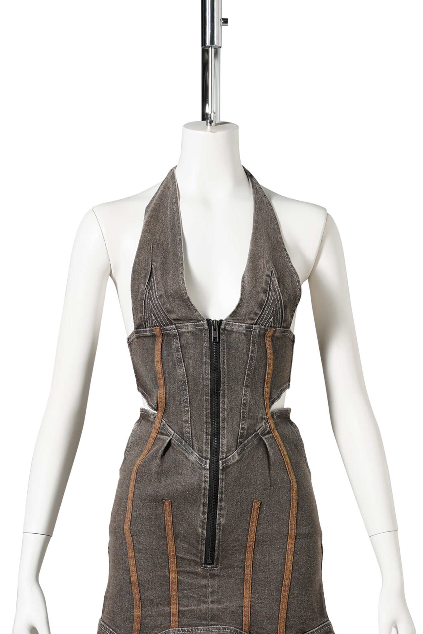 DISTRESSED DENIM HALTER DRESS / COFFEE