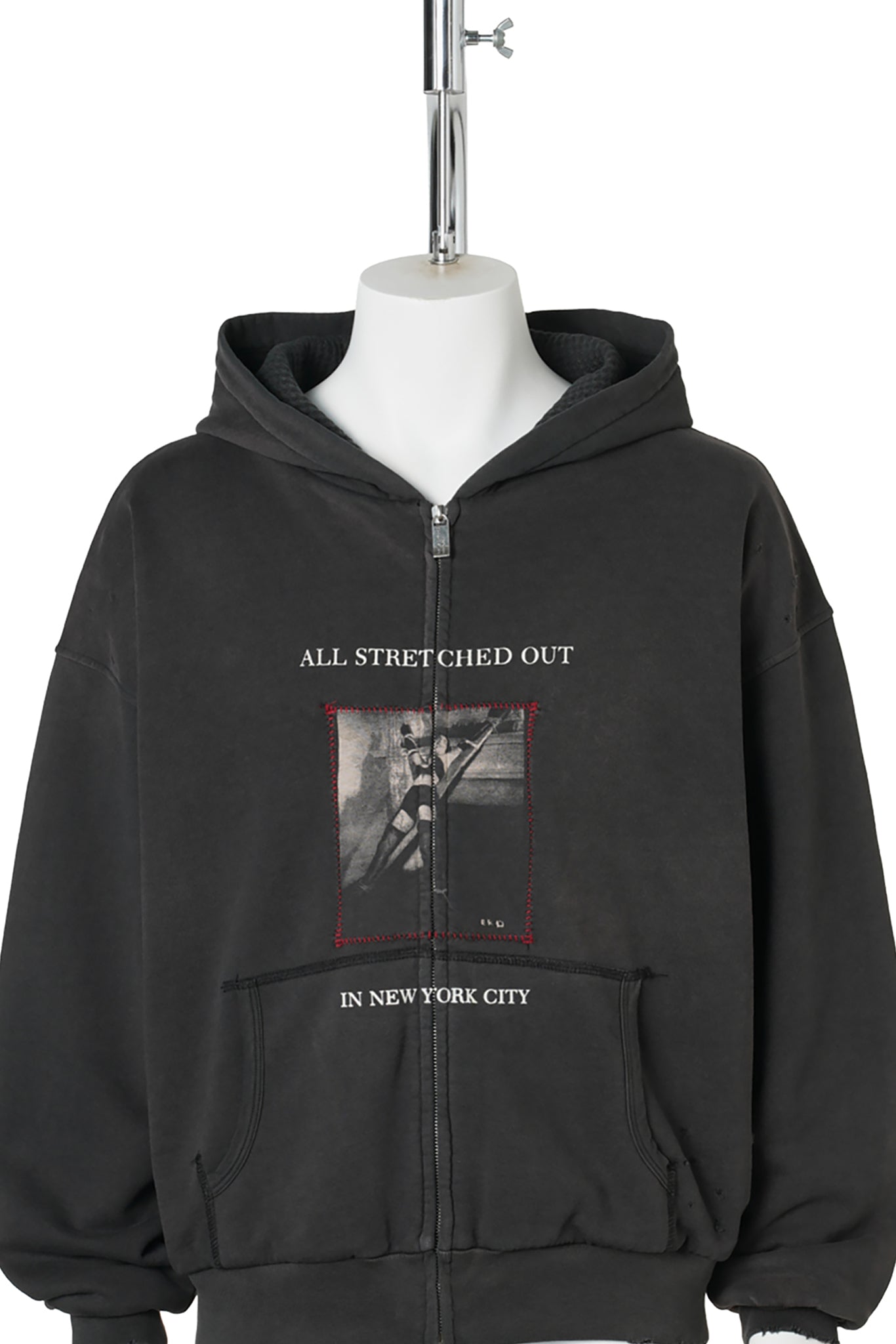 STRETCHED OUT THERMAL LINED LINED ZIP UP HOODIE / WASHED BLACK