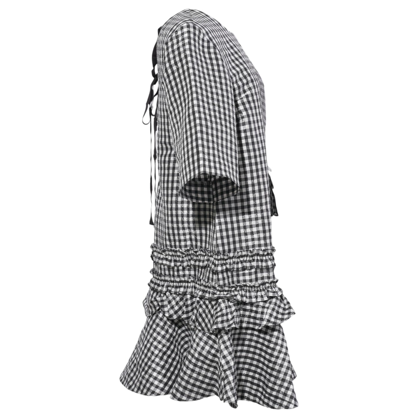 CRINKLED TAFFETA CHECK OPEN BACK MINI DRESS / BLACK