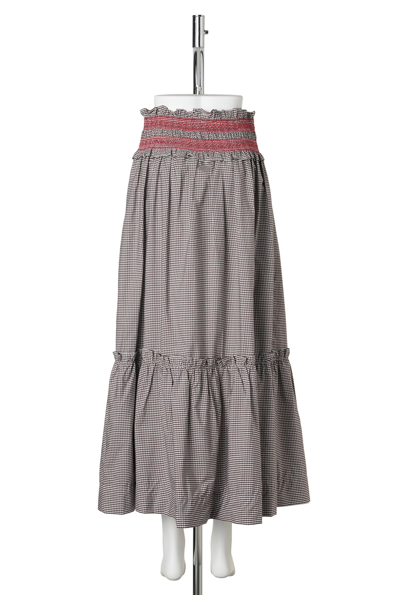 CHECK COTTON SMOCKED WAIST LONG SKIRT / CHICORY COFFEE