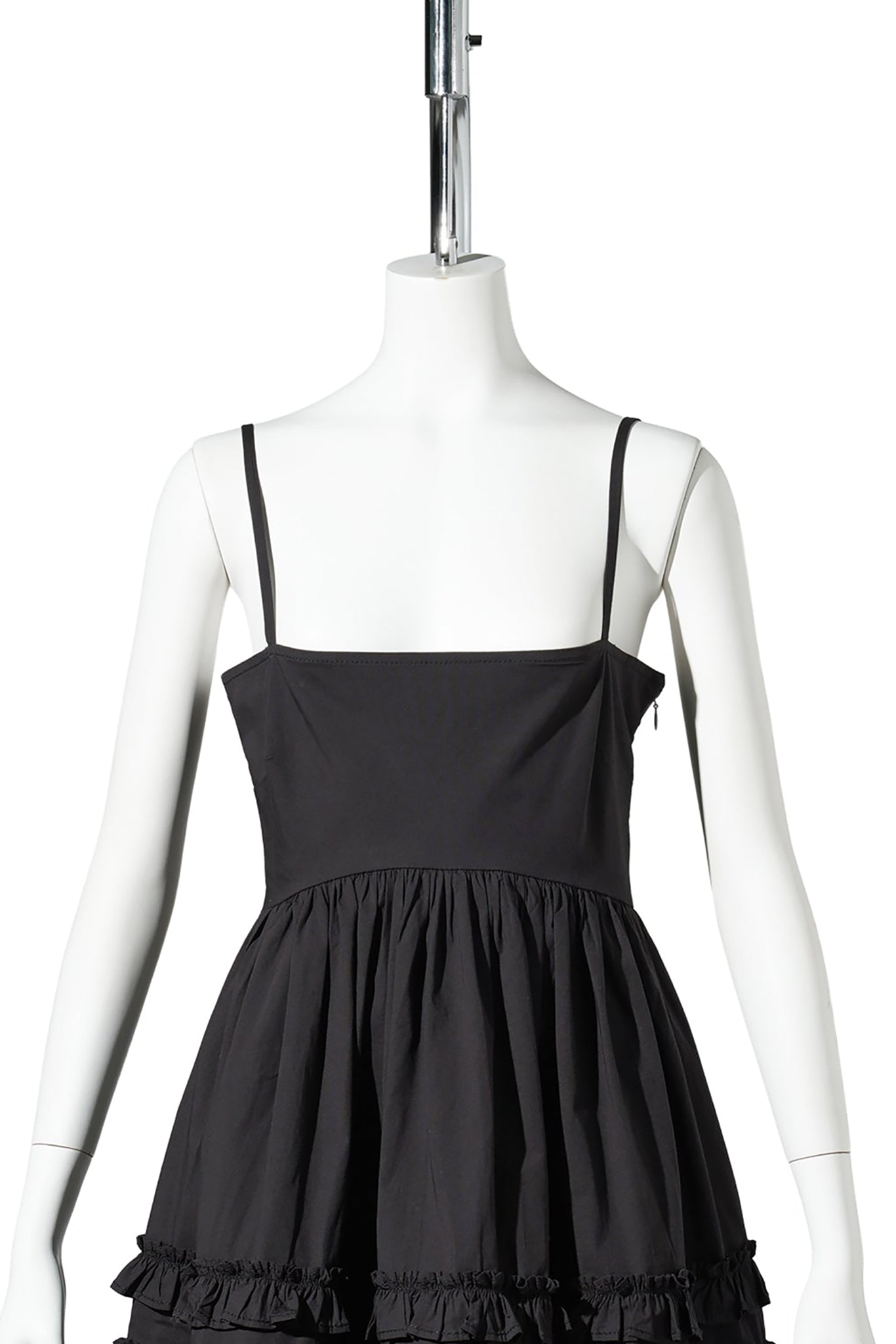 STRETCH COTTON MINI STRAP DRESS W. FRILLS / BLACK