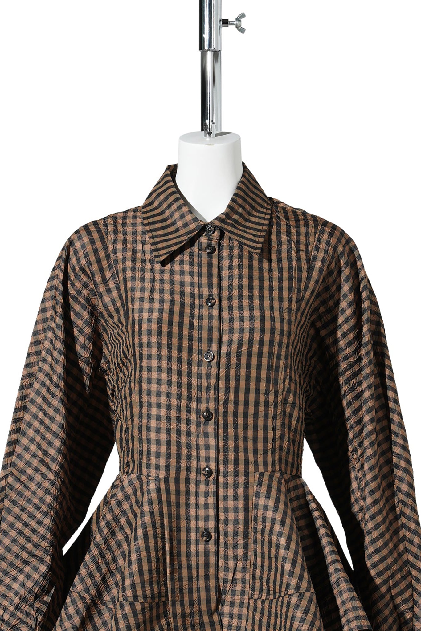CRINKLED TAFFETA CHECK PEPLUM SHIRT / TOBACCO BROWN