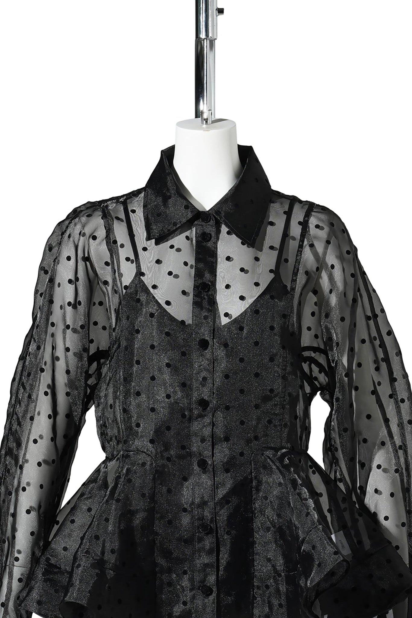FLOCKED ORGANZA PEPLUM SHIRT / BLACK