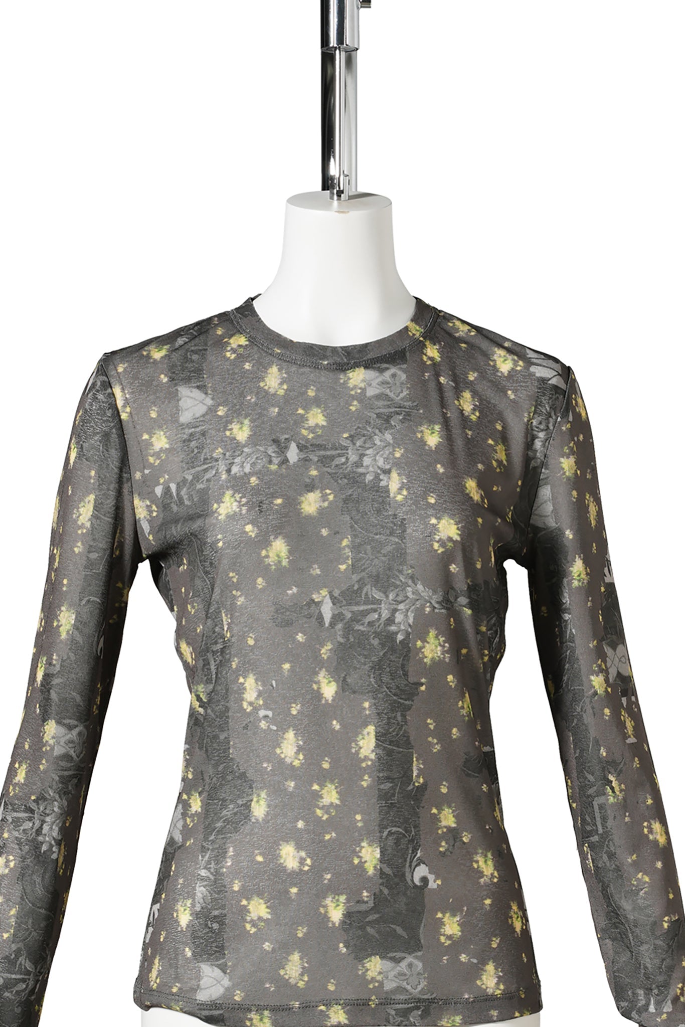 PRINTED MARL MESH LONG SLEEVE TOP / BLACKSAND