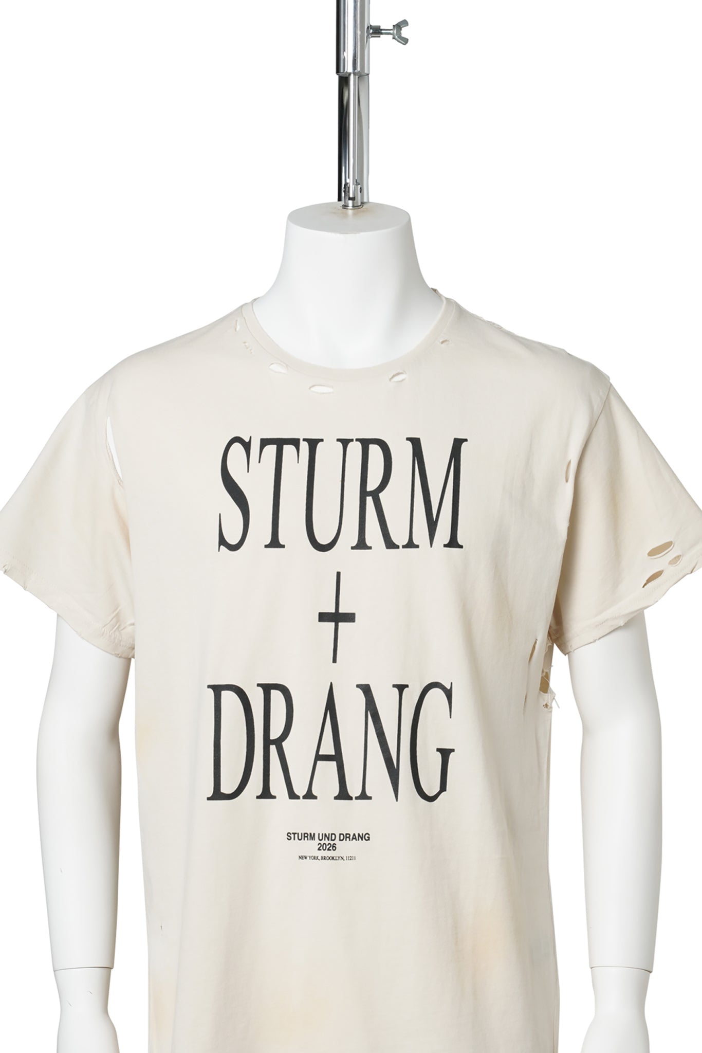 EET T-SHIRT / OFF-WHITE COTTON STAINS DISTRESSED STURM UND DRANG
