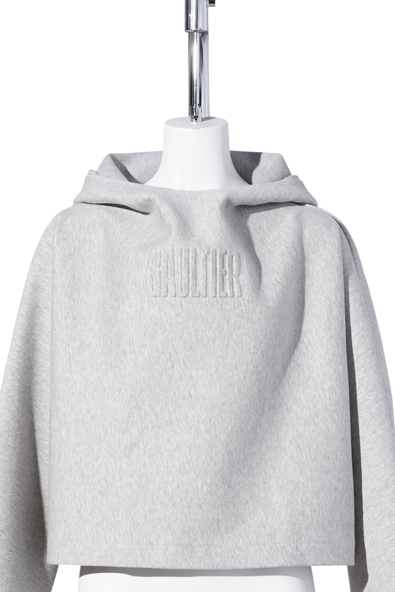 BONDED COTTON CROPPED BAT SLEEVES HOODIE WITH "GAULTIER" EMBOSSING / HEATHERGREY