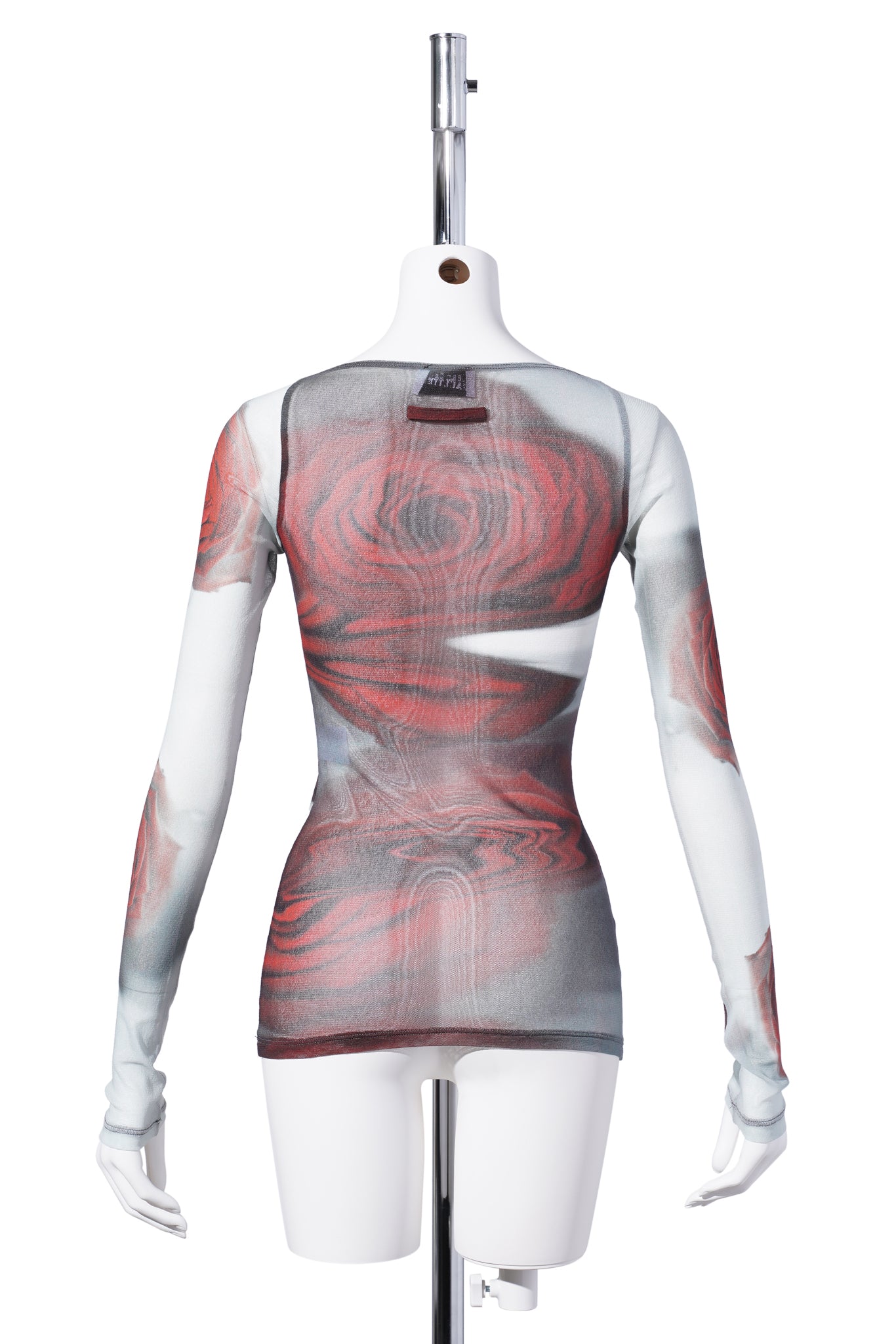 MESH BOAT NECK TOP WITH LONG SLEEVES PRINTED "BLURRY ROSES" / WHITE/GREY/RED