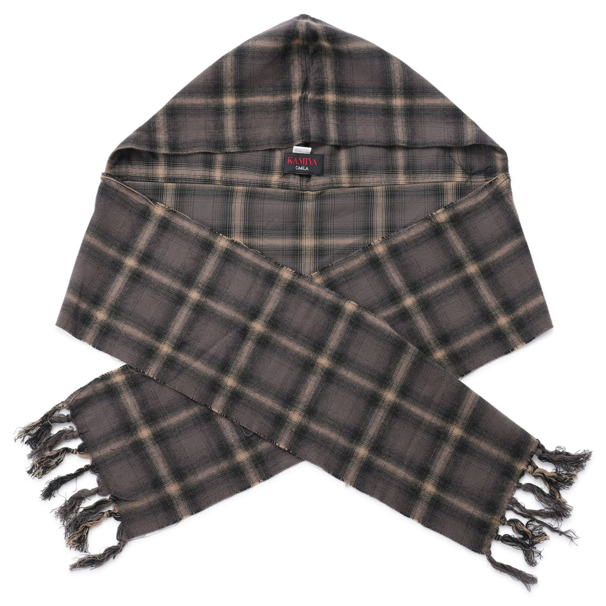 HOODED CHECKED STOLE / BROWN