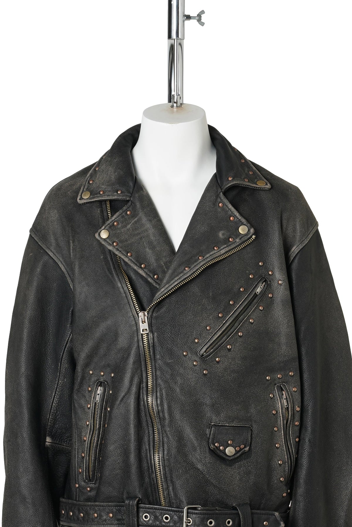 DISTRESSED LEATHER STUDDED BIKER JACKET / BLACK