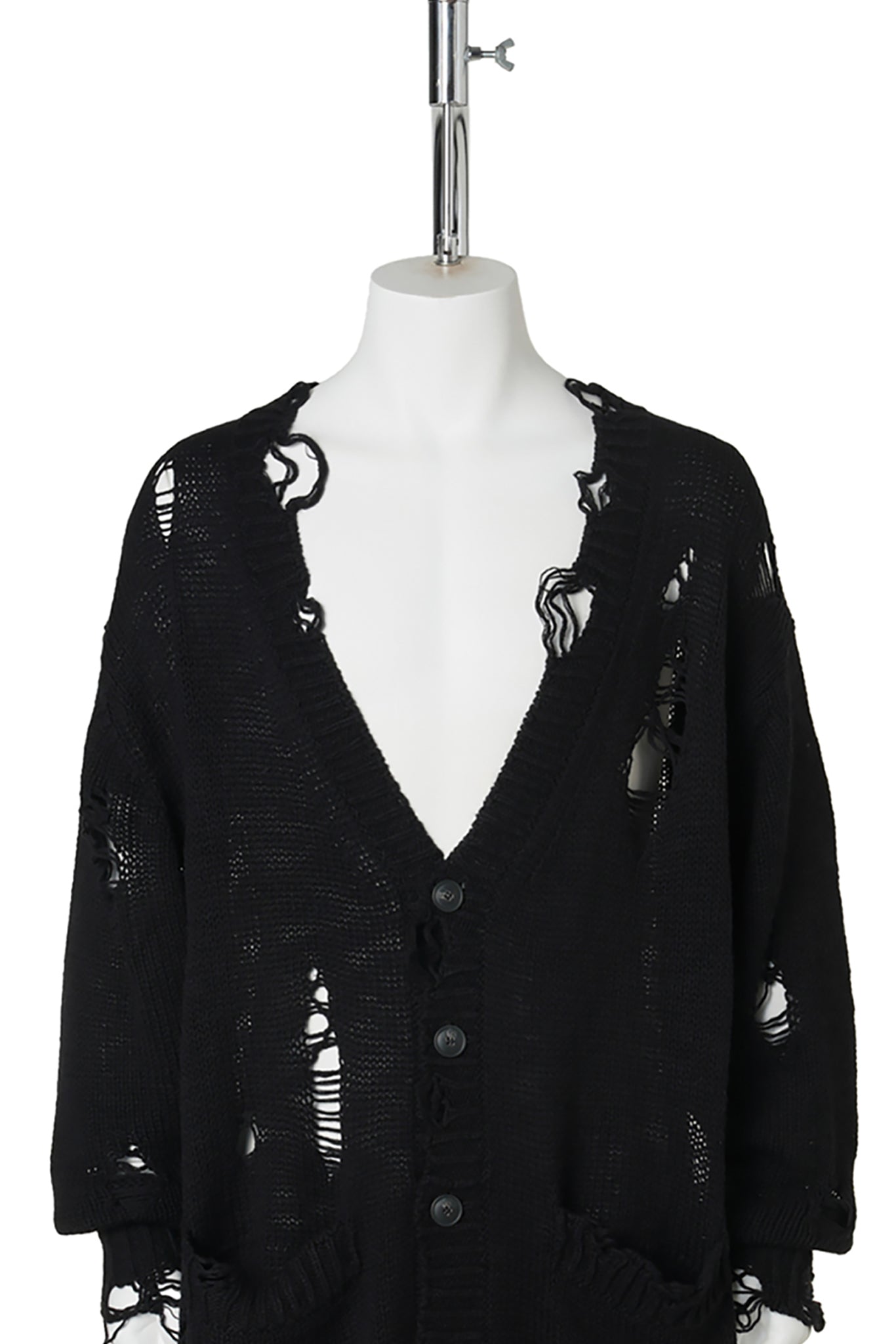 DAMAGED LOW-GAUGE LONG CARDIGAN / BLACK