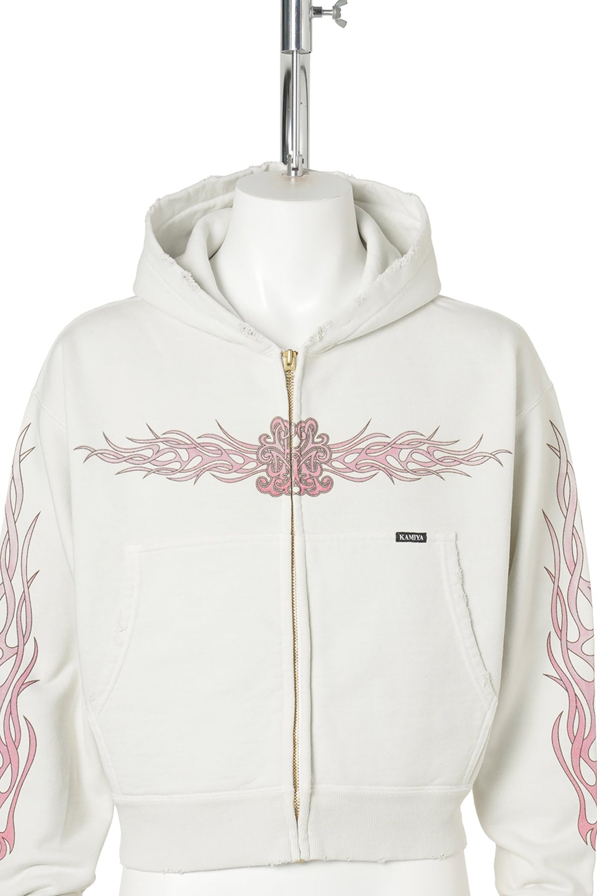 "FLAME KMY" ZIP SHORT HOODIE / WHITE