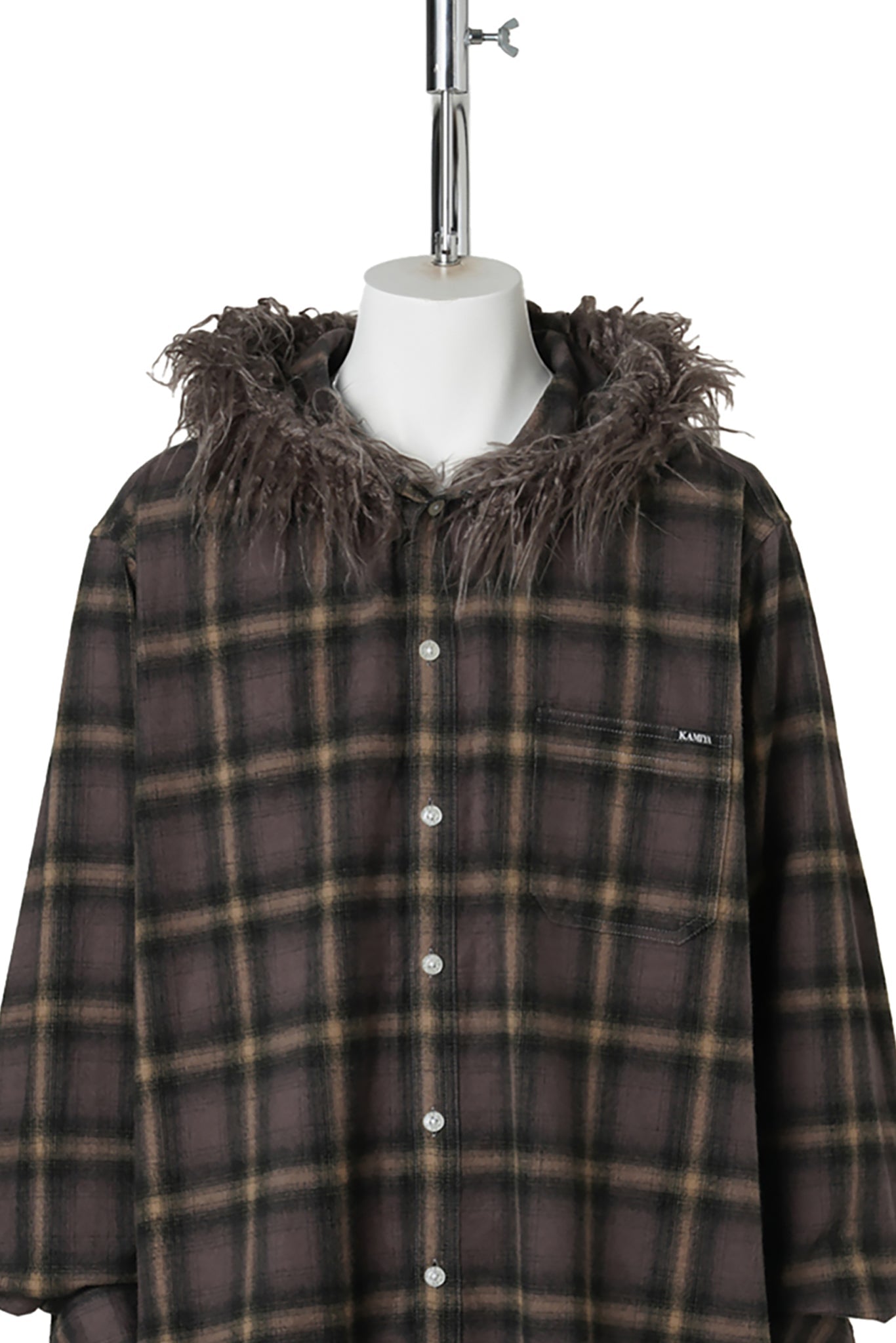 FUR-TRIMMED HOODED CHECK SHIRT / BROWN