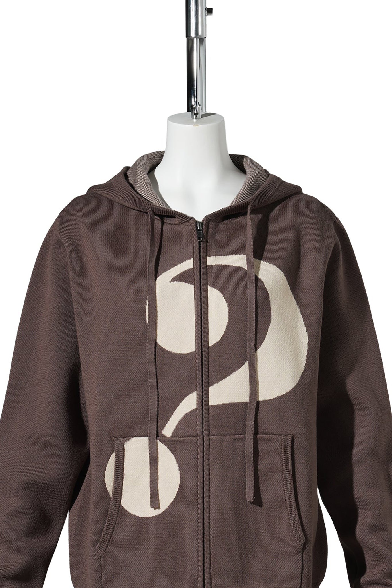 QUESTION MARK KNIT ZIP-UP HOODIE / BROWN/BEIGE