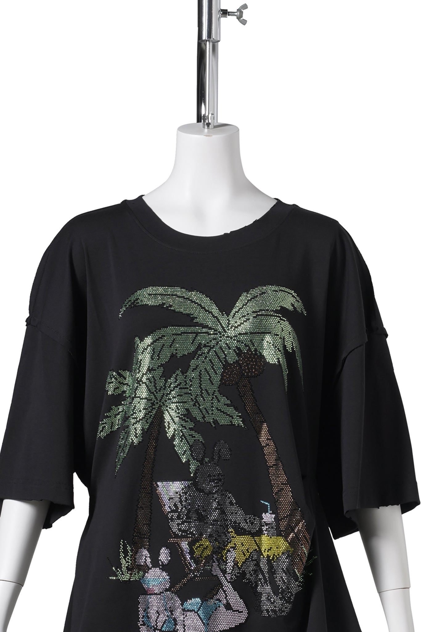 RHINESTONES EMBELLISHED DRAPED COTTON T-SHIRT / BLACK