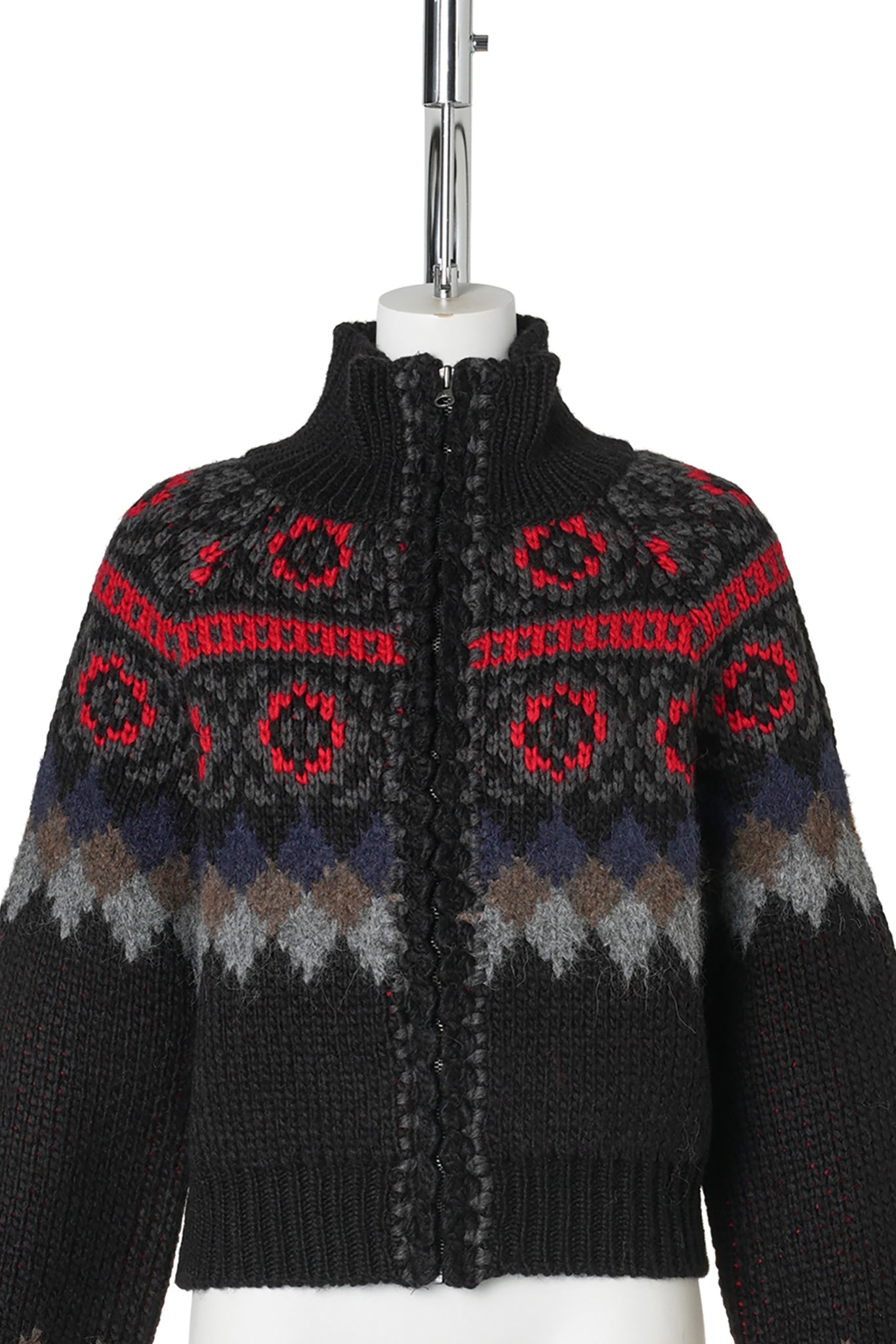FAIR ISLE ZIP UP SWEATER / BLACK