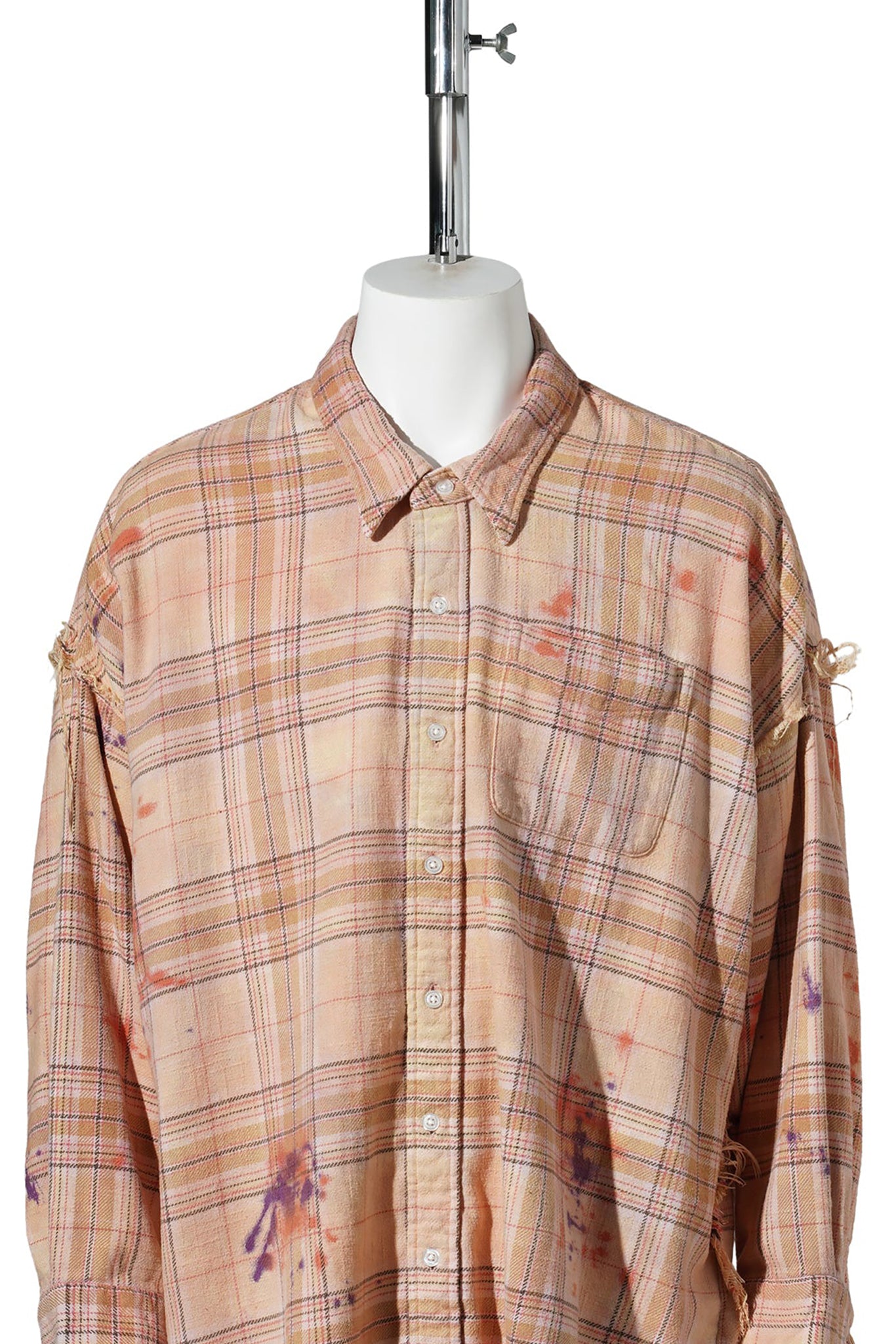 SHREDDED SEAM DROP NECK SHIRT / R654B:OVERDYED ORANGE PURPLE PLAID