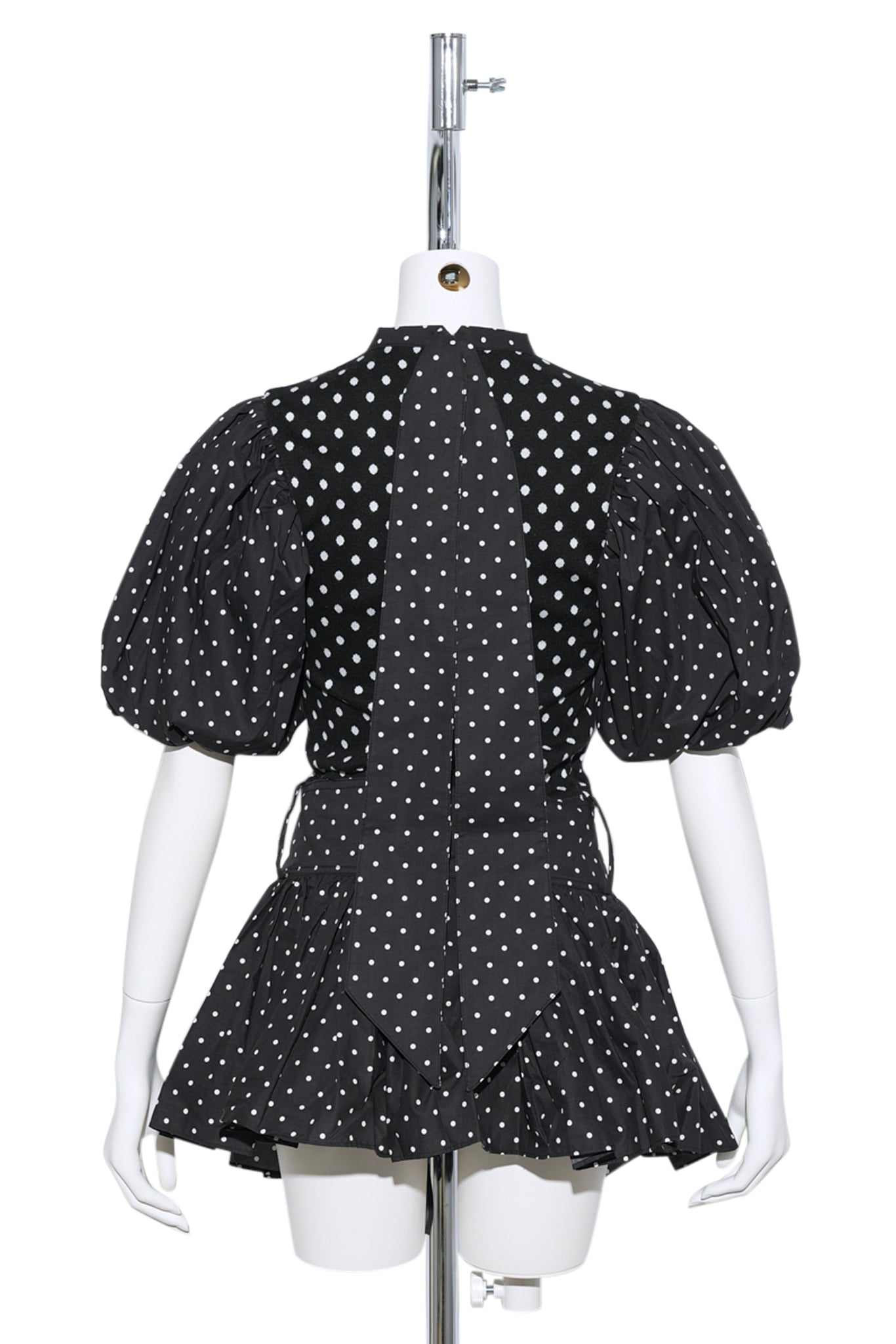 BELTED FLARE PUFF TOP / 3911:WHITE DOTTED BLACK