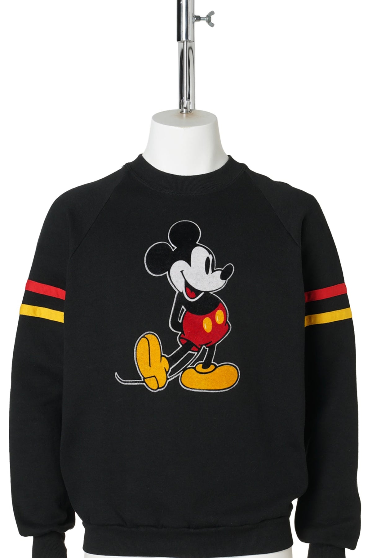 Mickey Mouse / Flock Print Sleeve Stripe Black Raglan Sweatshirt / 1980s–1990s / L / BLACK