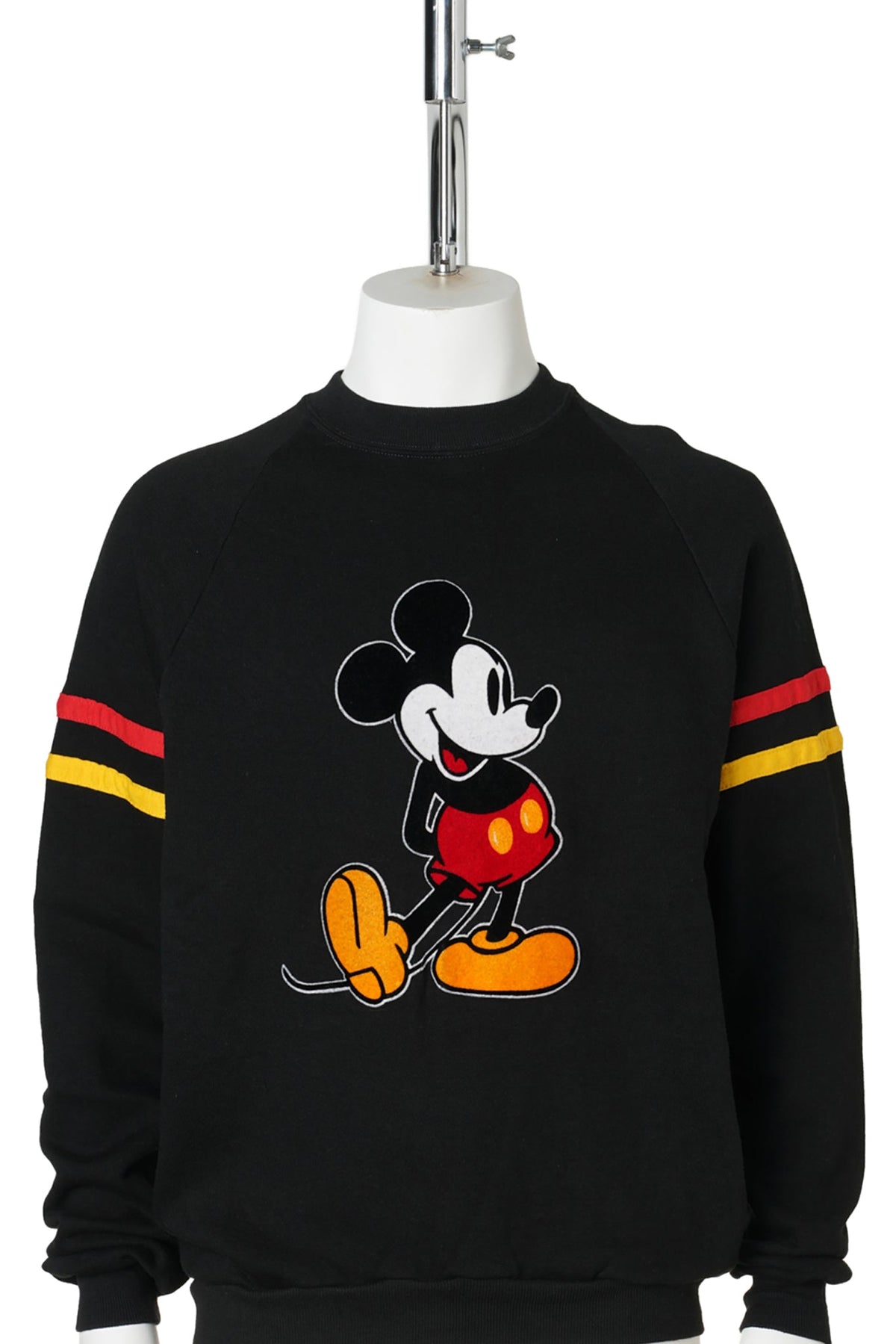 Mickey Mouse / Flock Print Sleeve Stripe Black Raglan Sweatshirt / 1980s–1990s / XL / BLACK
