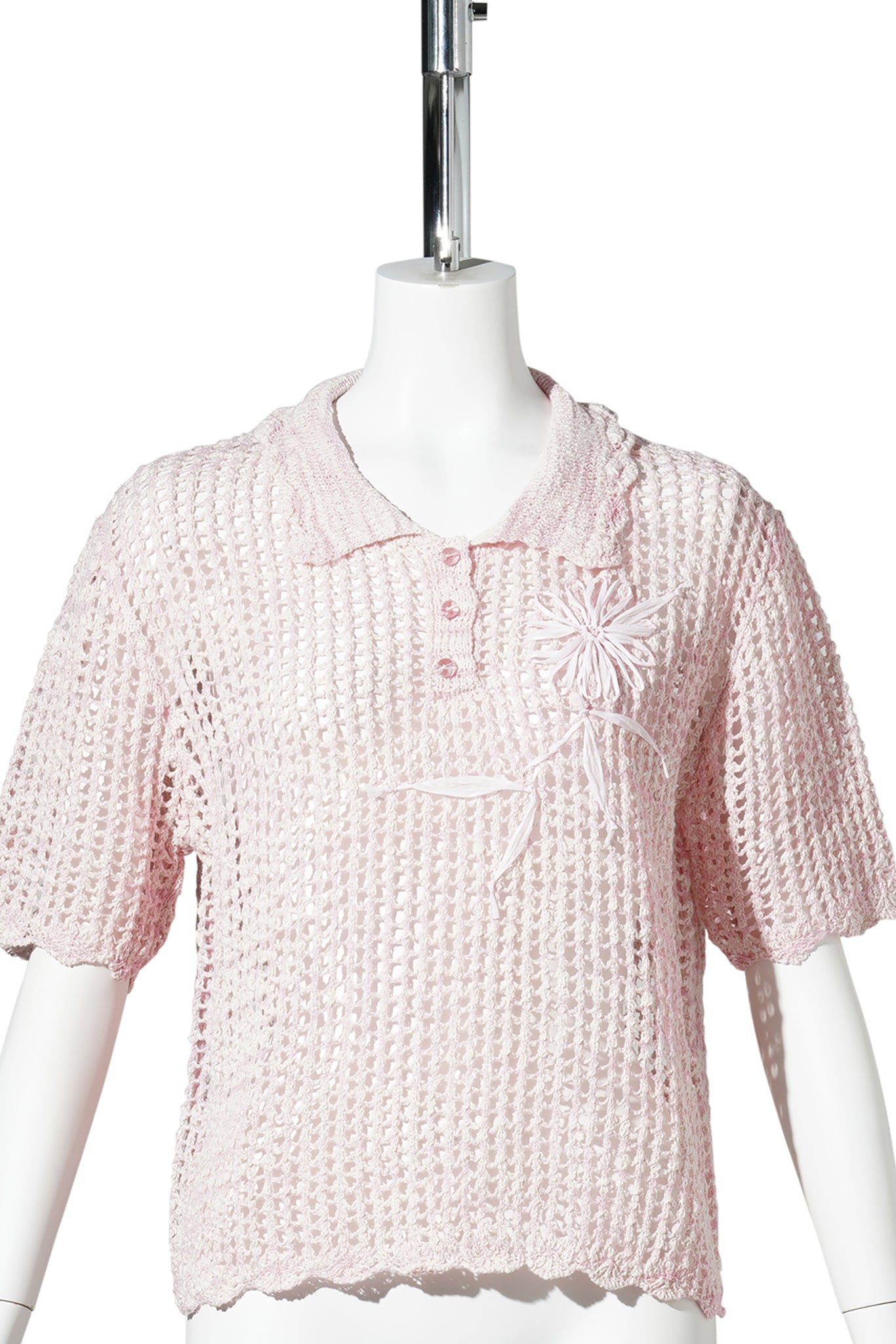 CROCHET FLORAL NET KNIT POLO TEE / PINK