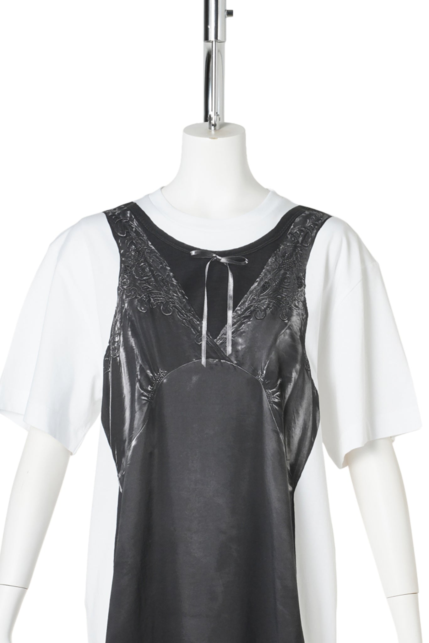 PATCHWORK SATIN TROMPE L'OEIL PRINT T-SHIRT / WHITE/BLACK