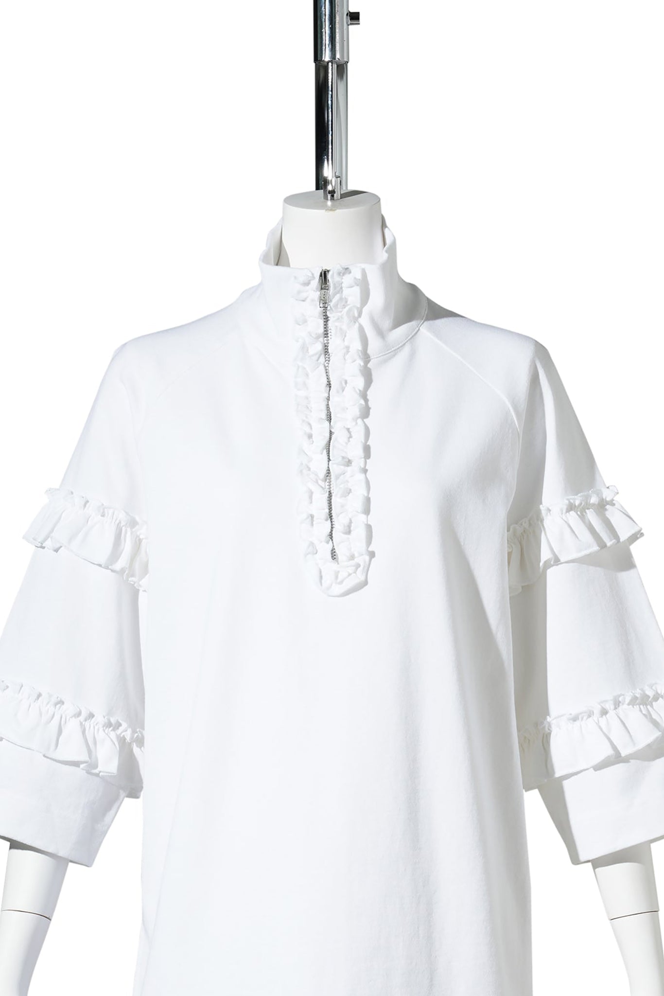 MOCK NECK RUFFLE FRILL ZIP T-SHIRT / 100:WHITE