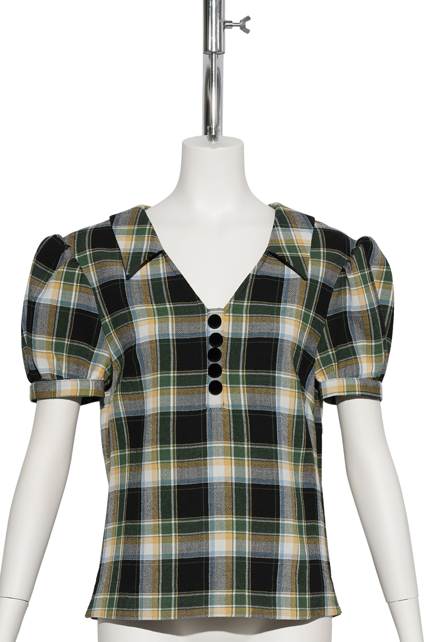 NOTCHED LAPEL PUFF SLEEVE TOP / GREEN PLAID