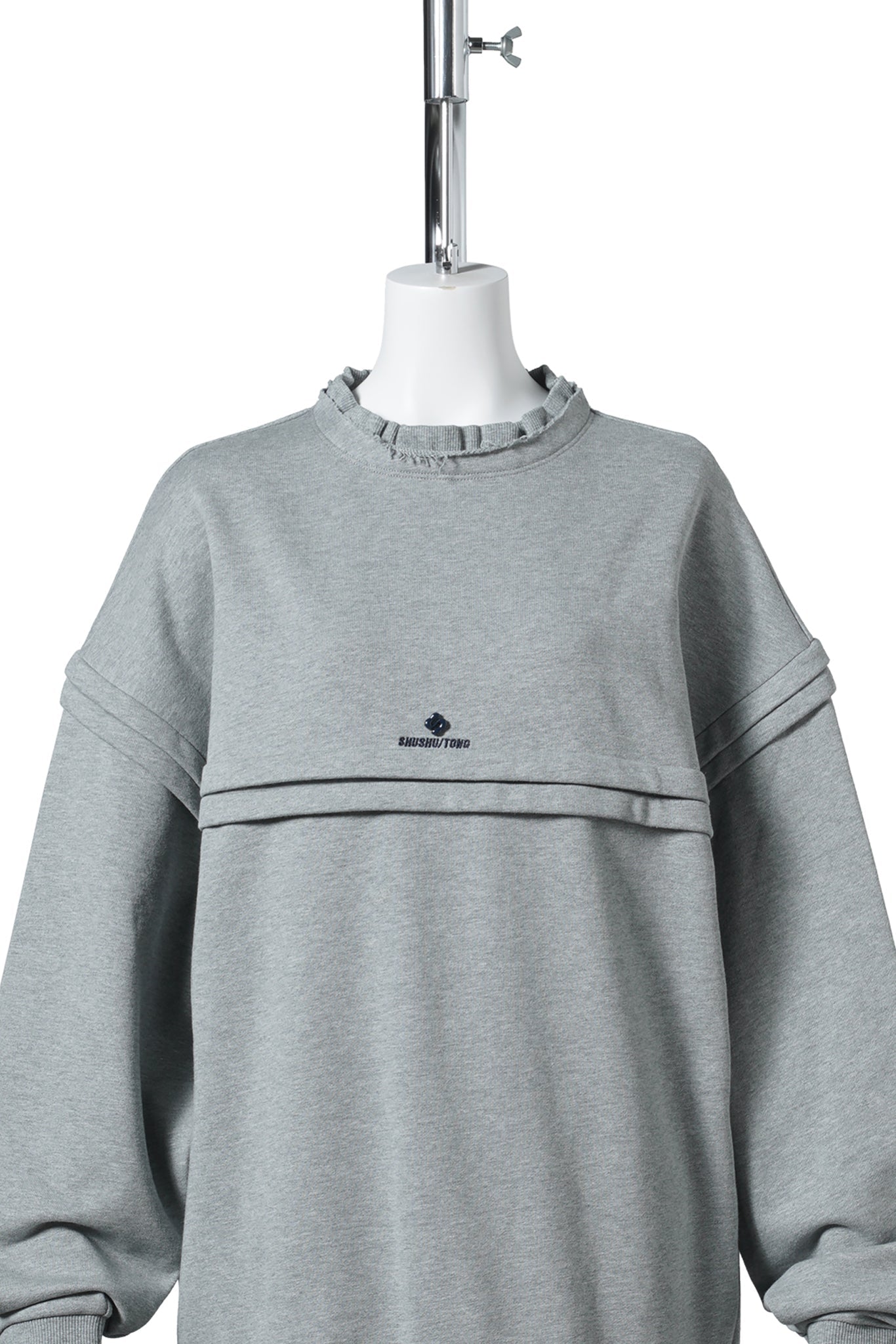 RAW-EDGE WAVE COLLAR TUCK DETAIL SWEATSHIRT DRESS / GREY