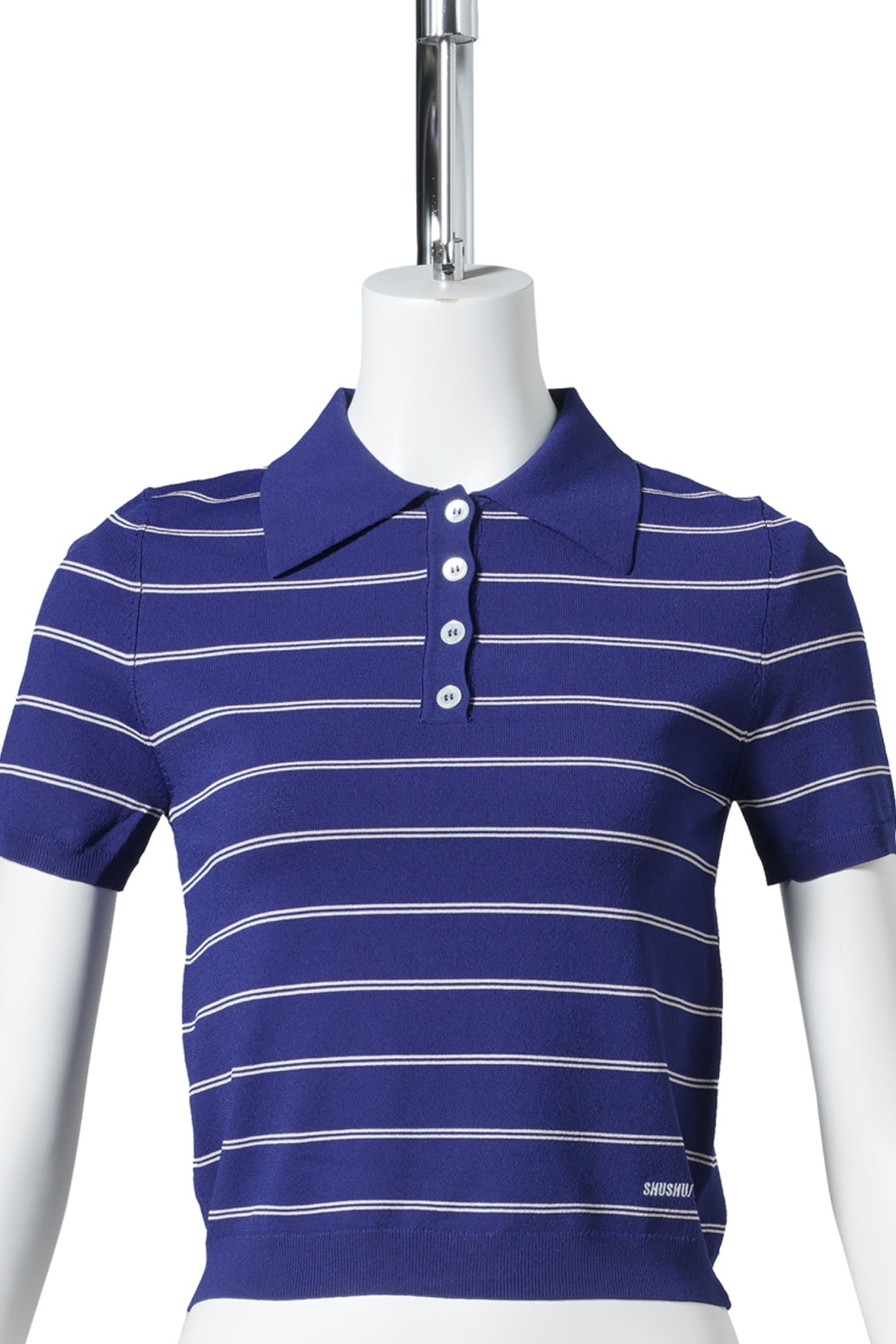 STRIPED KNIT POLO SHIRT / NAVY BLUE
