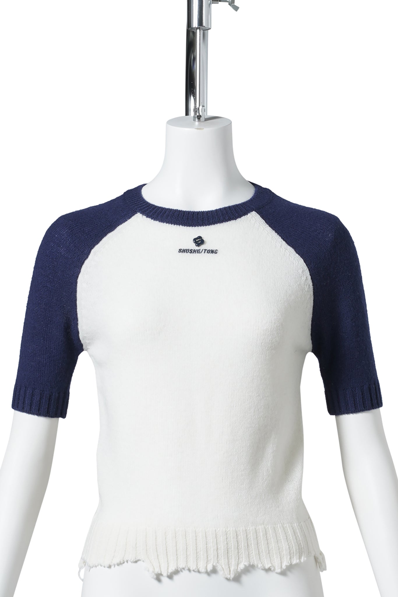 COLOR-BLOCK RAW-EDGE SHORT-SLEEVE KNIT TOP / WHITE