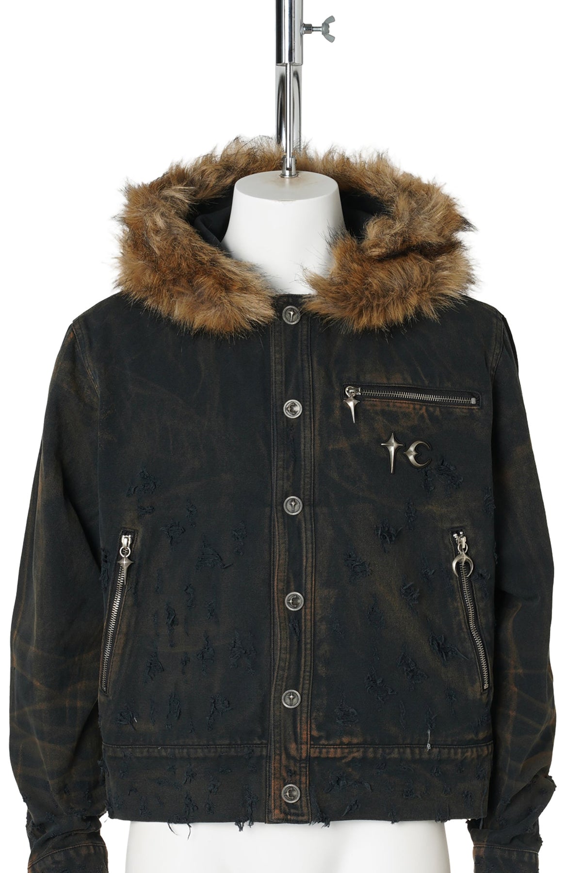 TC TWO TONE WASHED FUR HOODED JACKET / RUST BLACK