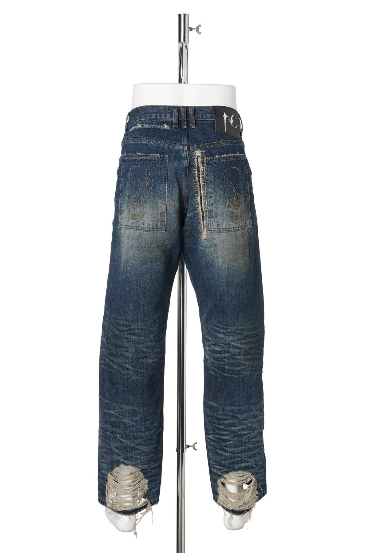 SKULL STITCH RIPPED DENIM PANTS / BLUE