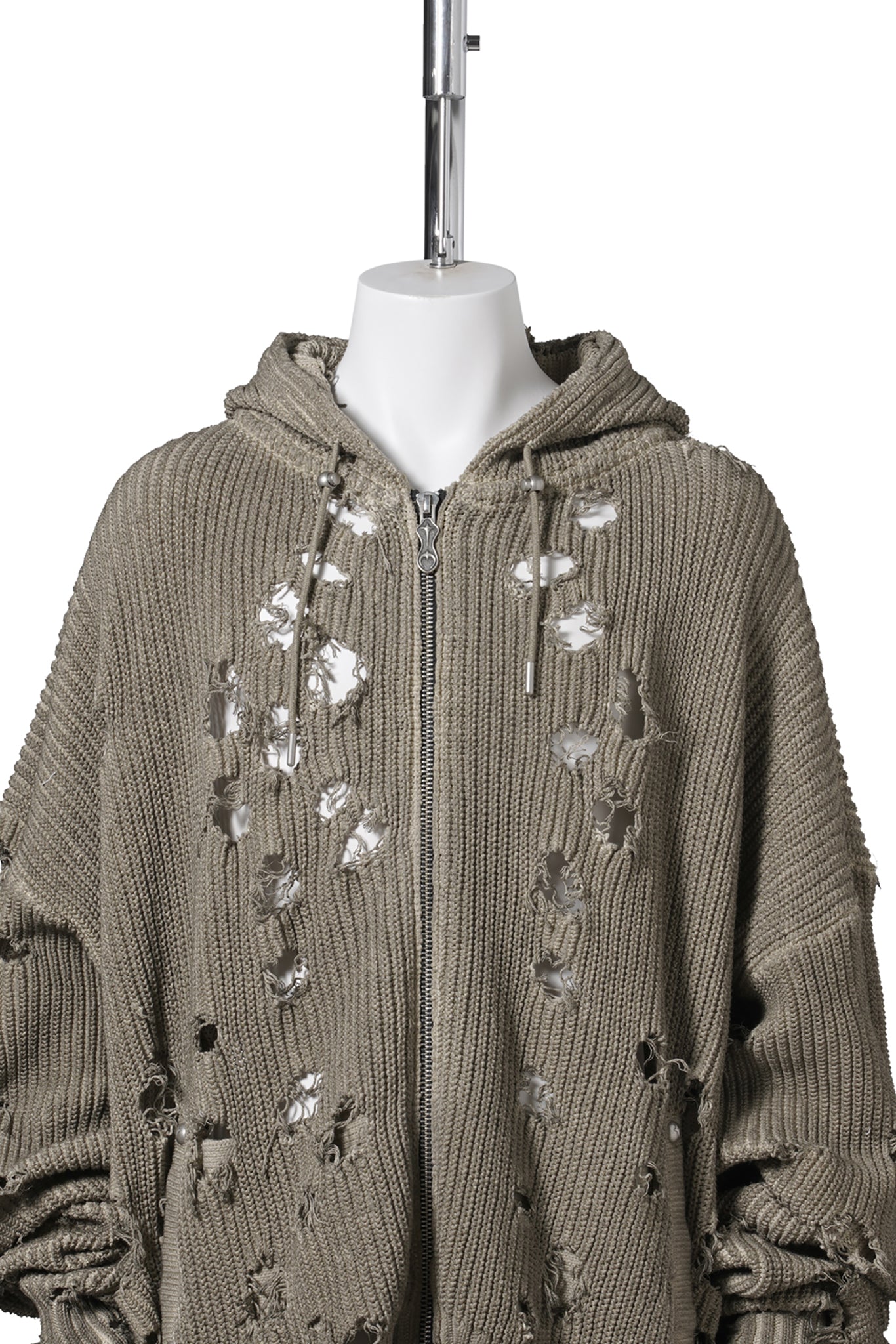 TC DESTROYED KNIT ZIP-UP HOODIE / BEIGE