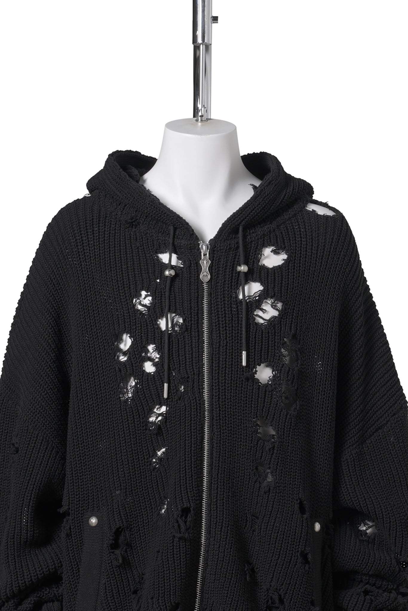 TC DESTROYED KNIT ZIP-UP HOODIE / BLACK