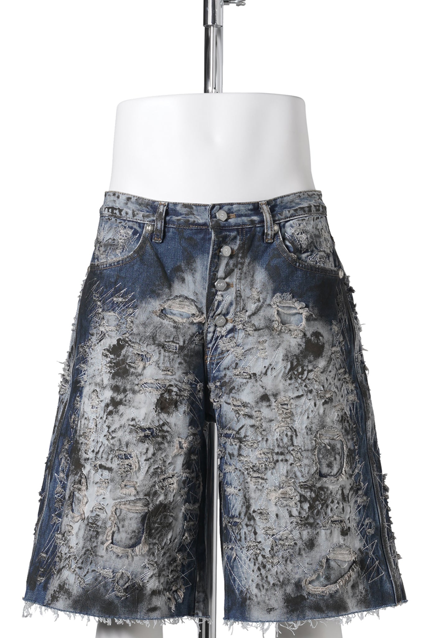 HARD WASHED DESTROYED DENIM SHORTS / BLUE