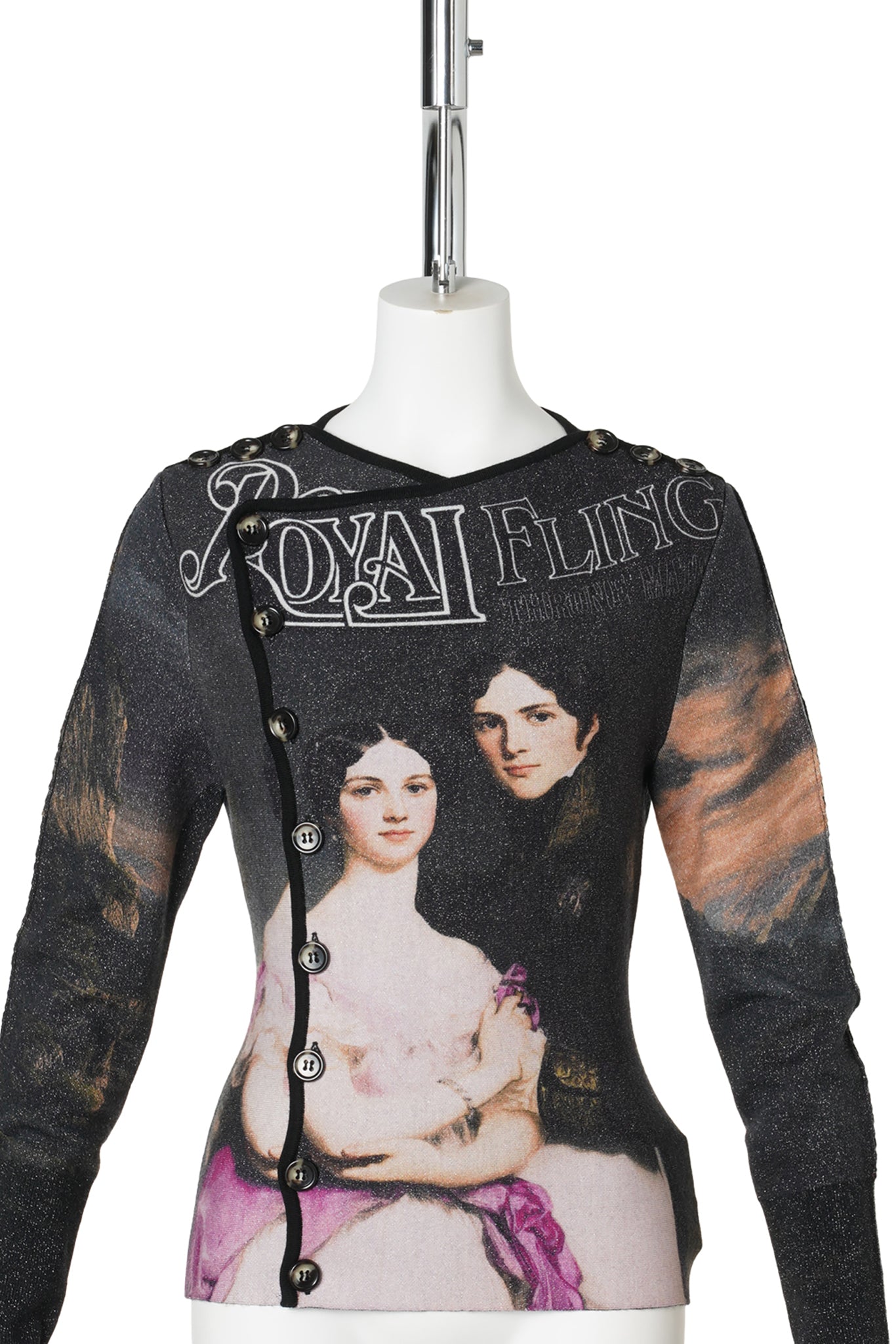 PRINTED VICTORIAN STYLE ASYMMCTRIC BUTTON WOOL CARDIGAN / PRINTED PATTERN