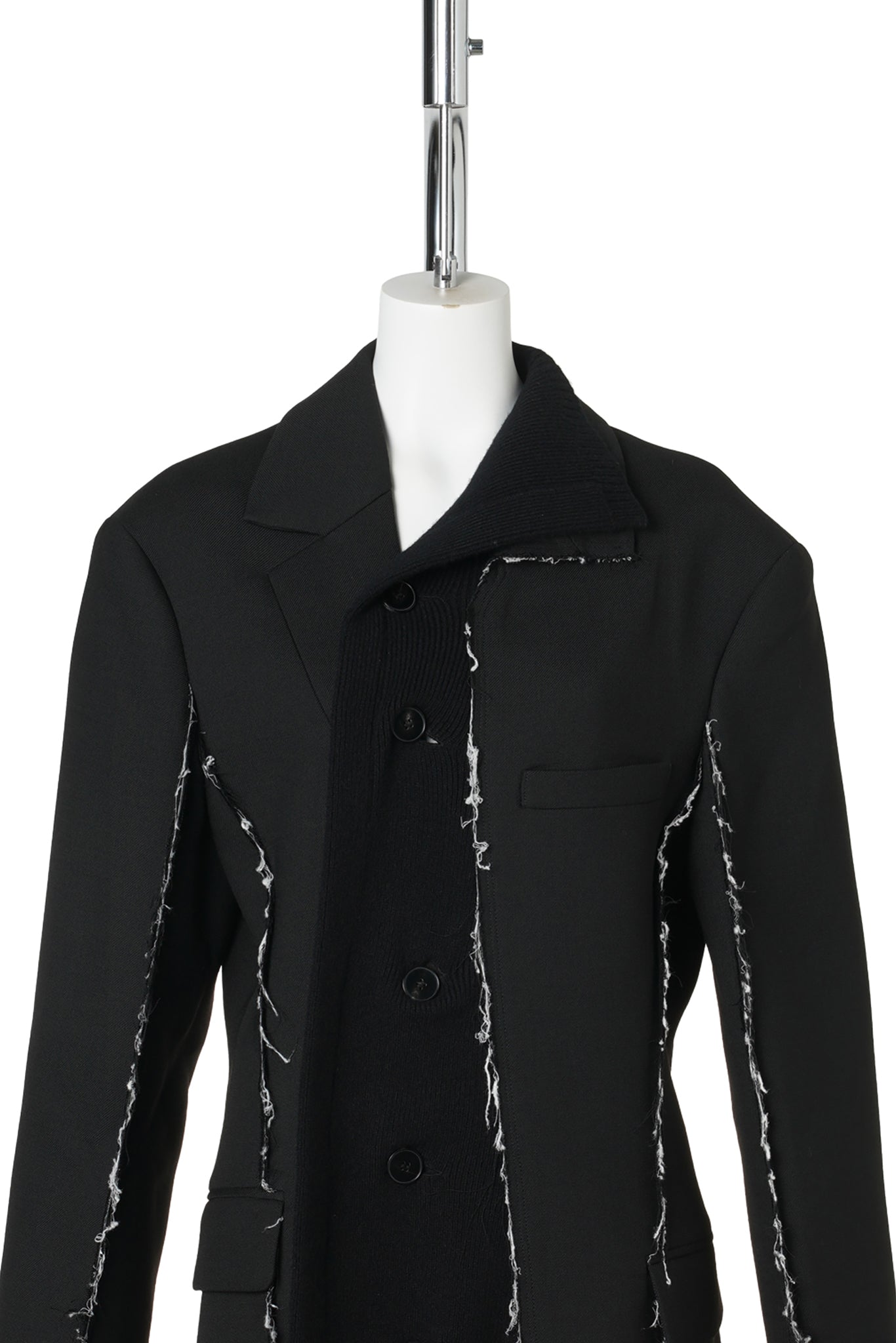 KNIT RAW-EDGE PANEL ASYMMETRIC SUIT JACKET / BLACK
