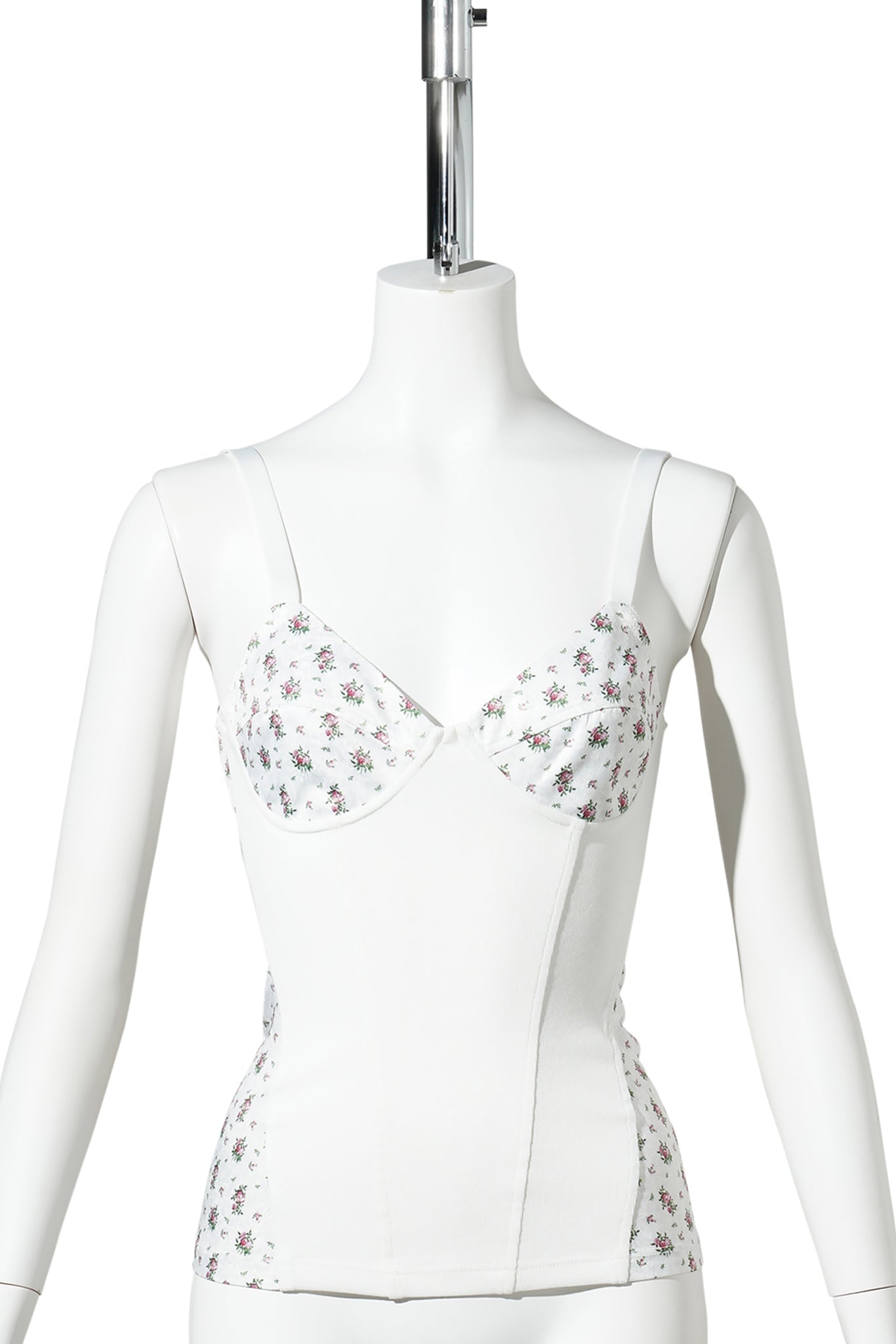 WHITE RIBBED PATCHWORK FLOWERS PRINTING CAMISOLE / WHITE