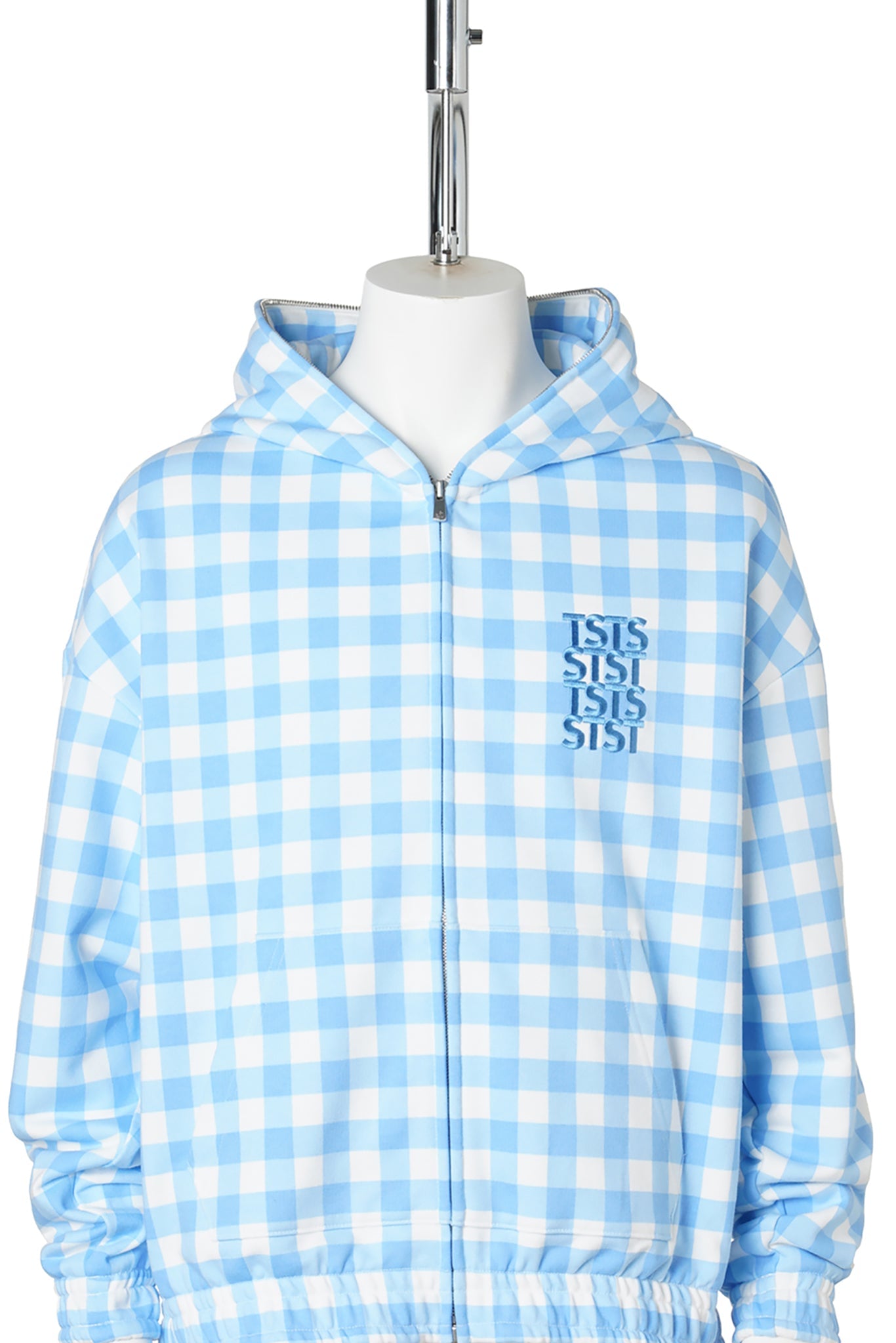 GINGHAM PRINT ZIP UP HOODIE / SAXE BLUE GINGHAM