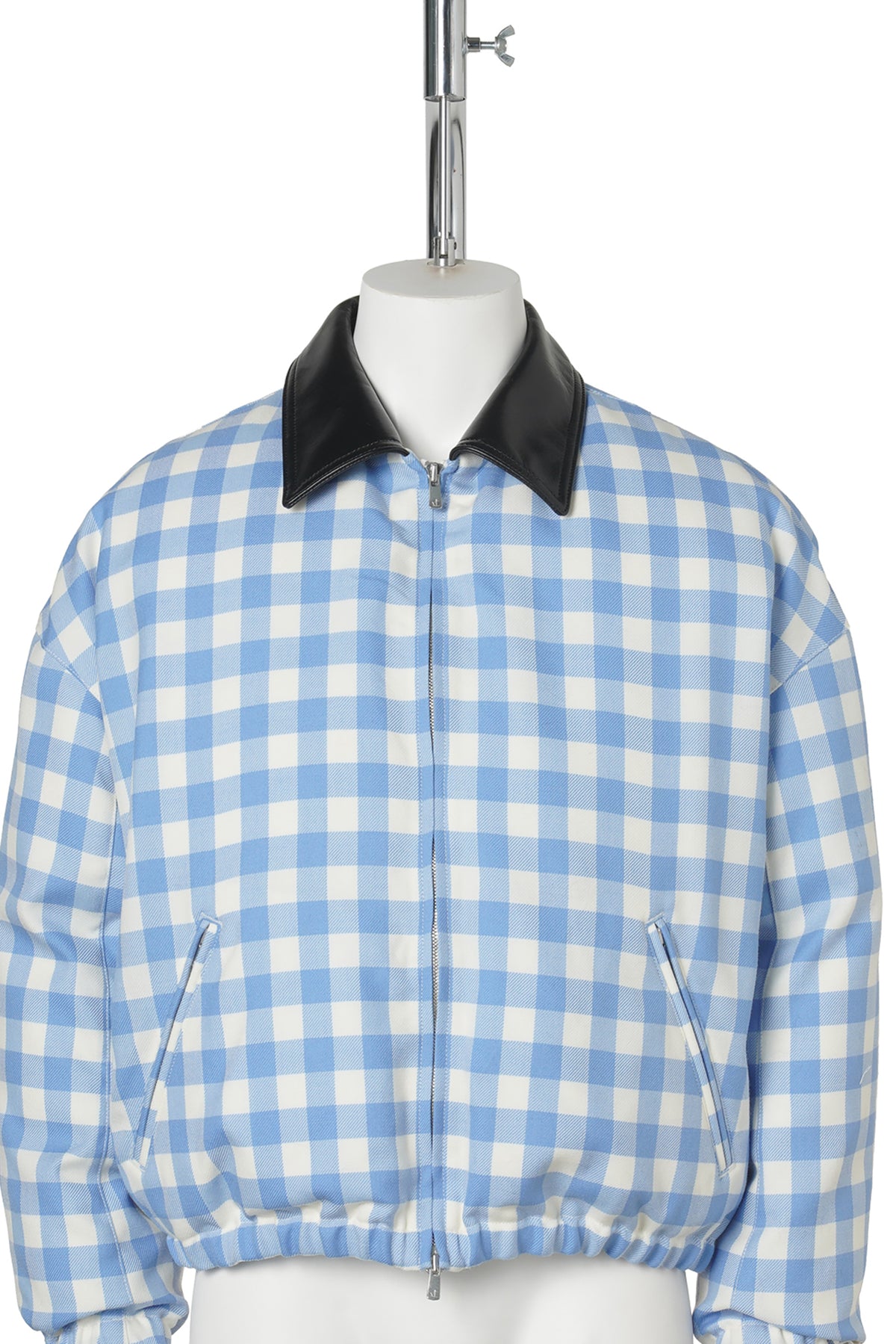 GINGHAM WOOL LEATHER COLLAR DOWN JACKET / SAXE BLUE GINGHAM