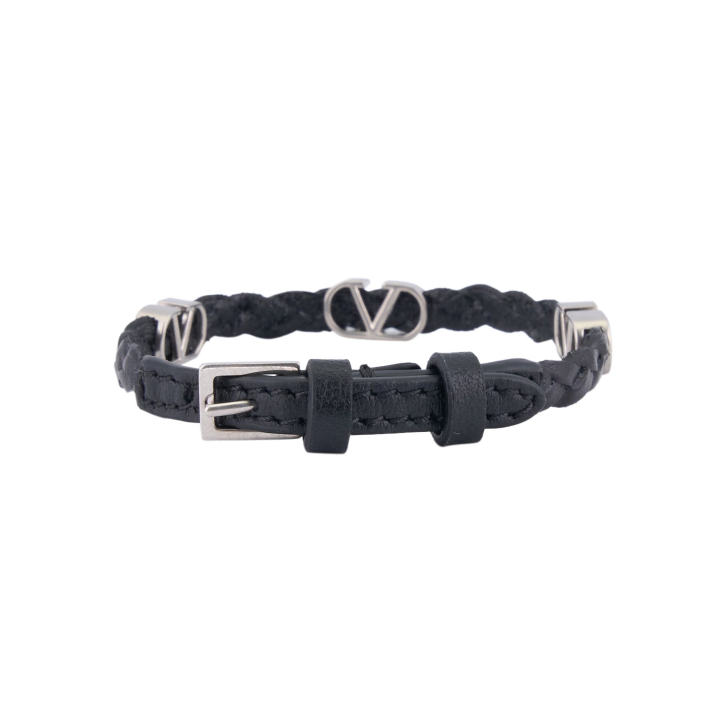 LEATHER BRACELET | VLOGO SIGNATURE | LEATHER BRAIDS/VITELLO/VINTAGE PALLADIUM / 0NO:NERO