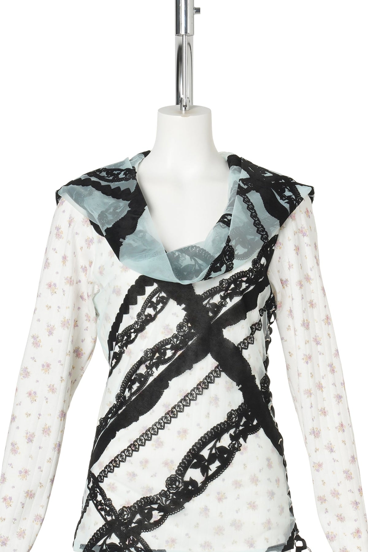 FLOCKED LACE HOODED TOP / BLACK/IVORY